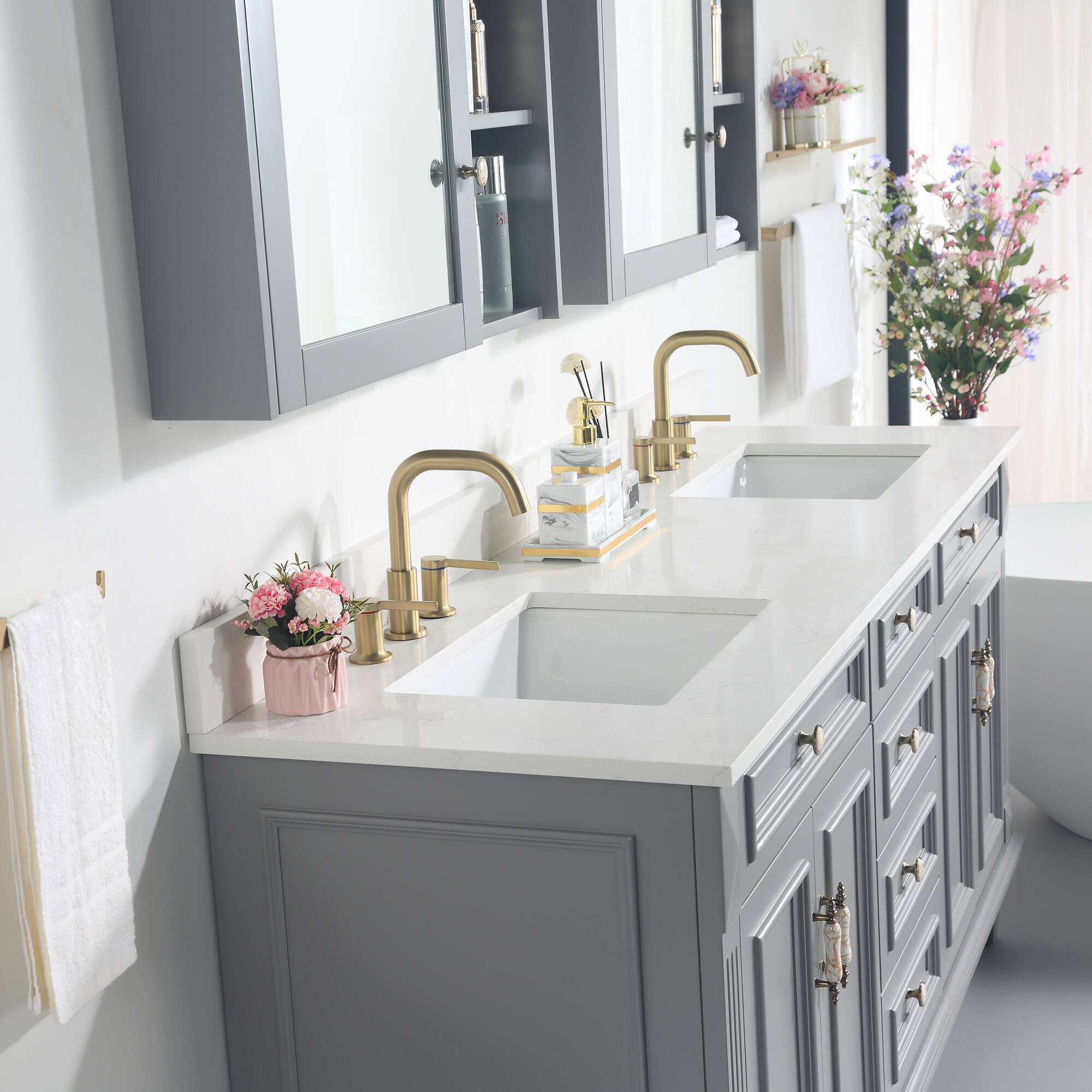 Alt View 2. WELLFOR - ARTWOOD 72 in. Solid Wood Bath Vanity with Quartz Top, Double Sink, Soft Close, Assembled - Gray.