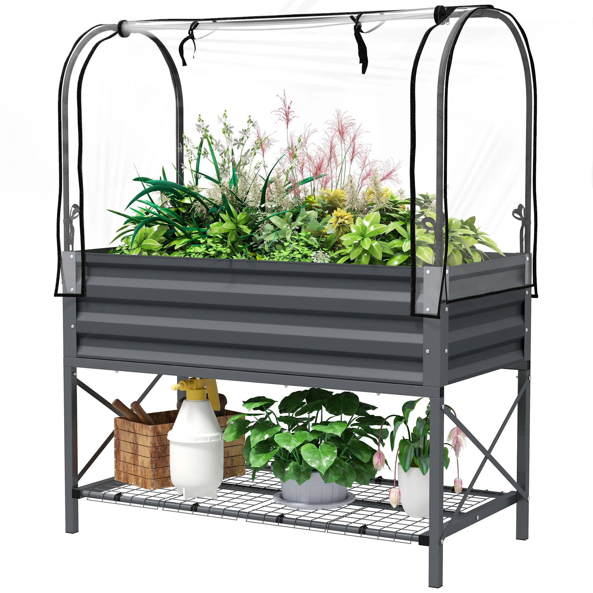 Front. Outsunny - Garden Bed with Legs and Cover, Metal Elevated Planter Box with Bottom Shelf and Liner for Vegetables - Dark Gray.