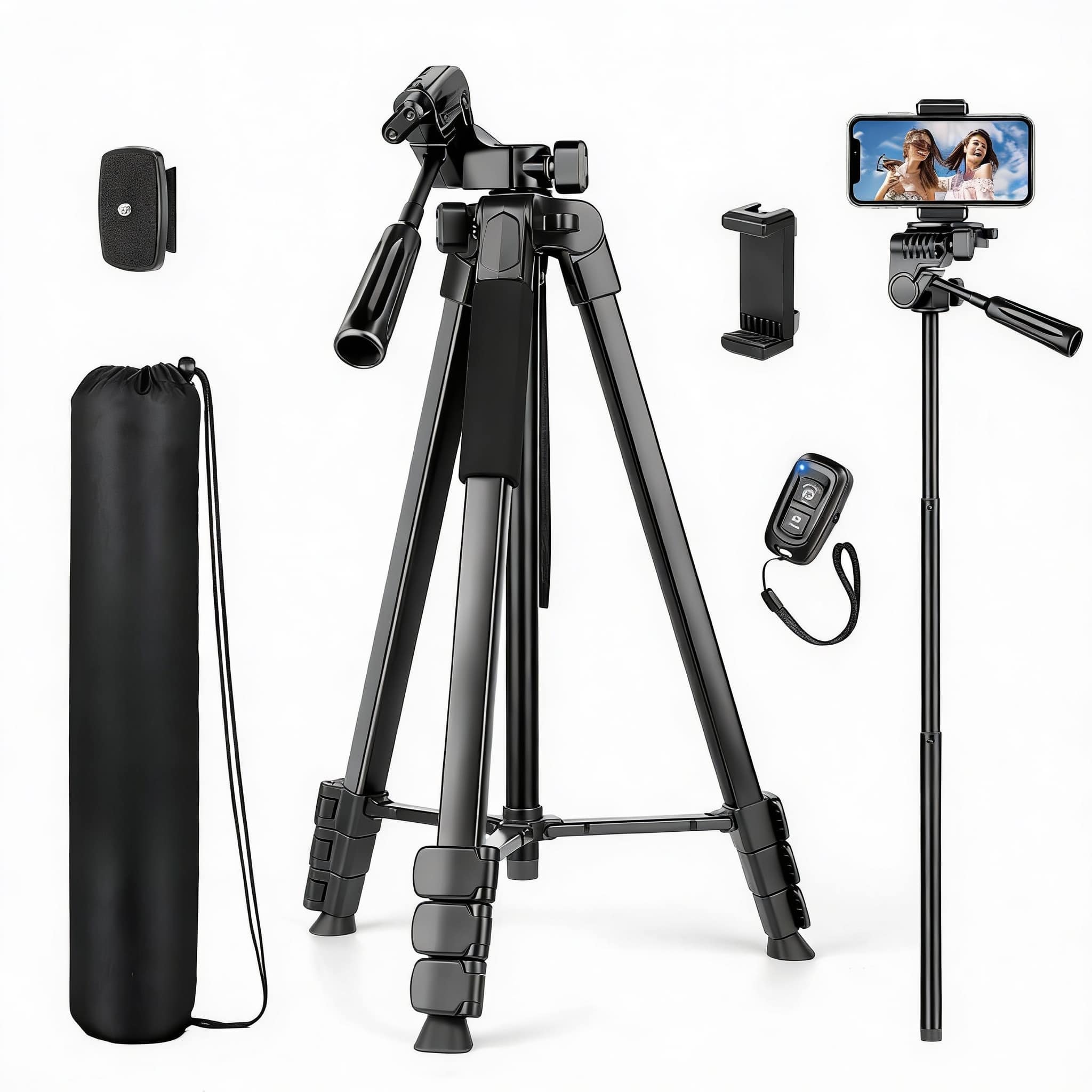 METALTON - Phone Tripod Cell For Extra Long Tall Tripods Selfie Stick With Wireless Remote Extendable Holder Stand Cam - Black