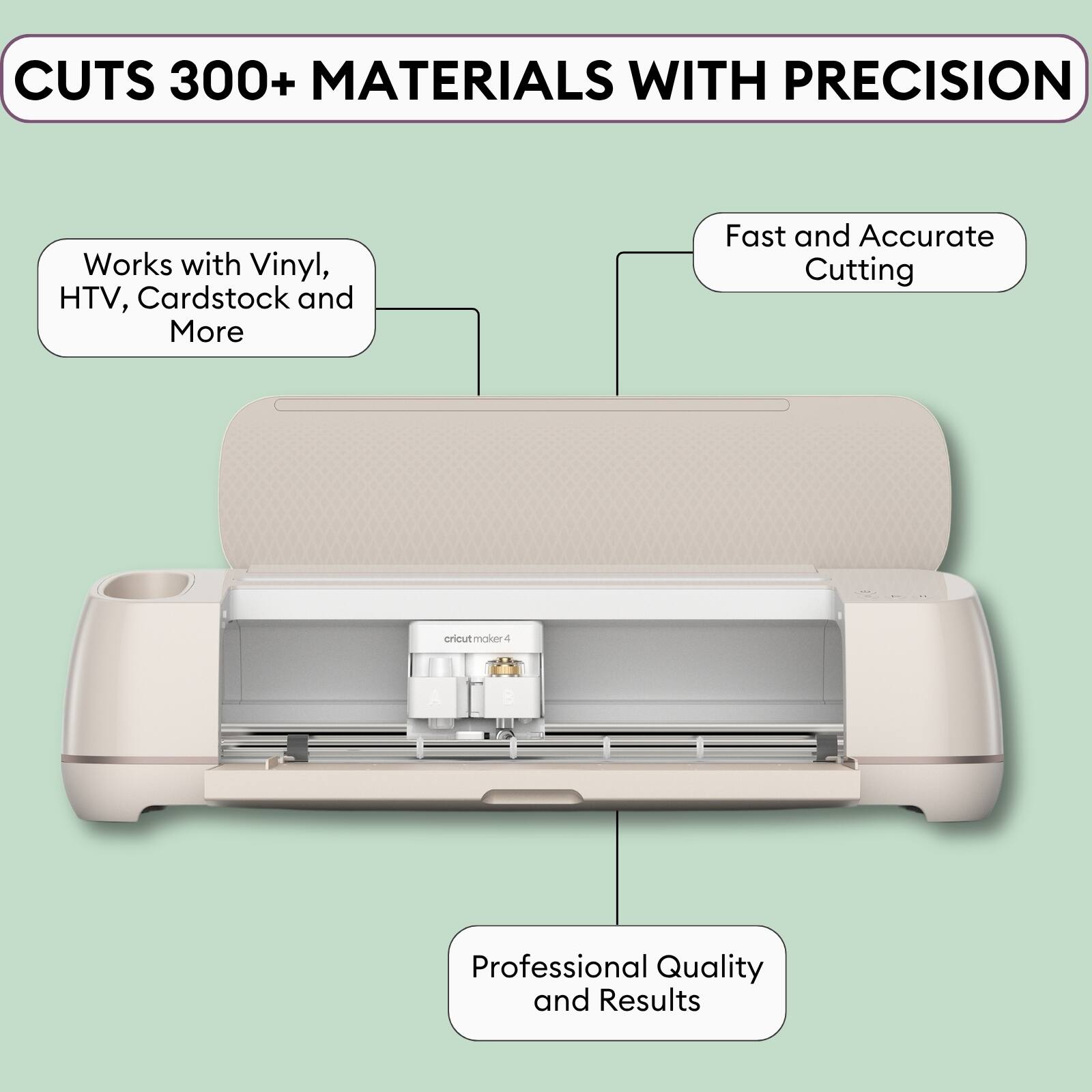 Cuts 300+ materials with precision. Works with vinyl, HTV, cardstock, and more. Fast and accurate cutting. Professional quality and results.