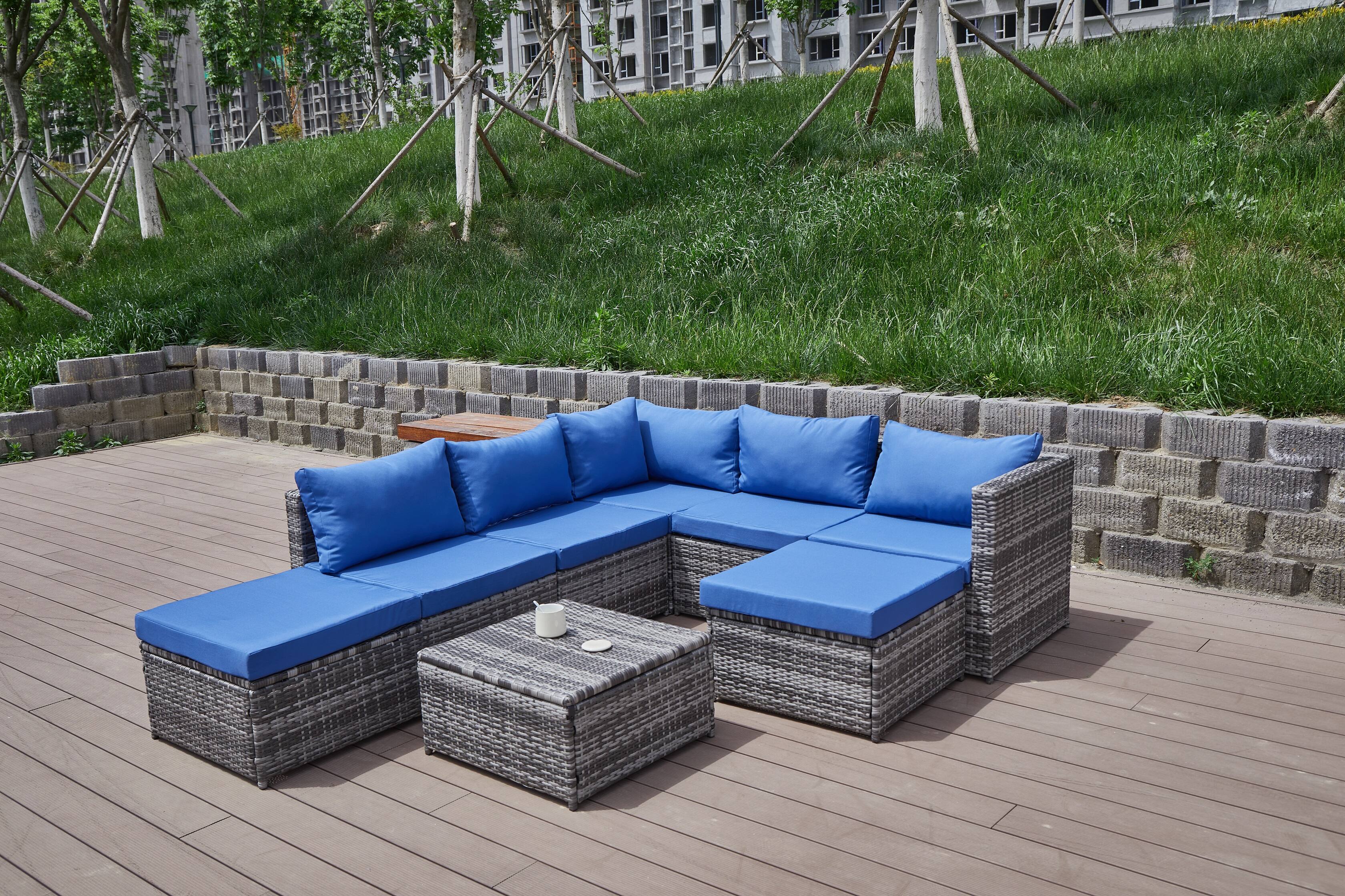 Alt View 6. Siljoy - Patio Sofa with Cushions - Blue+Grey.