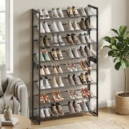 Front. Songmics Home - Shoe Rack, 8-Tier Shoe Organizer, Metal Rack for Garage, Set of 2, 4-Tier Stackable Shelf - Black.