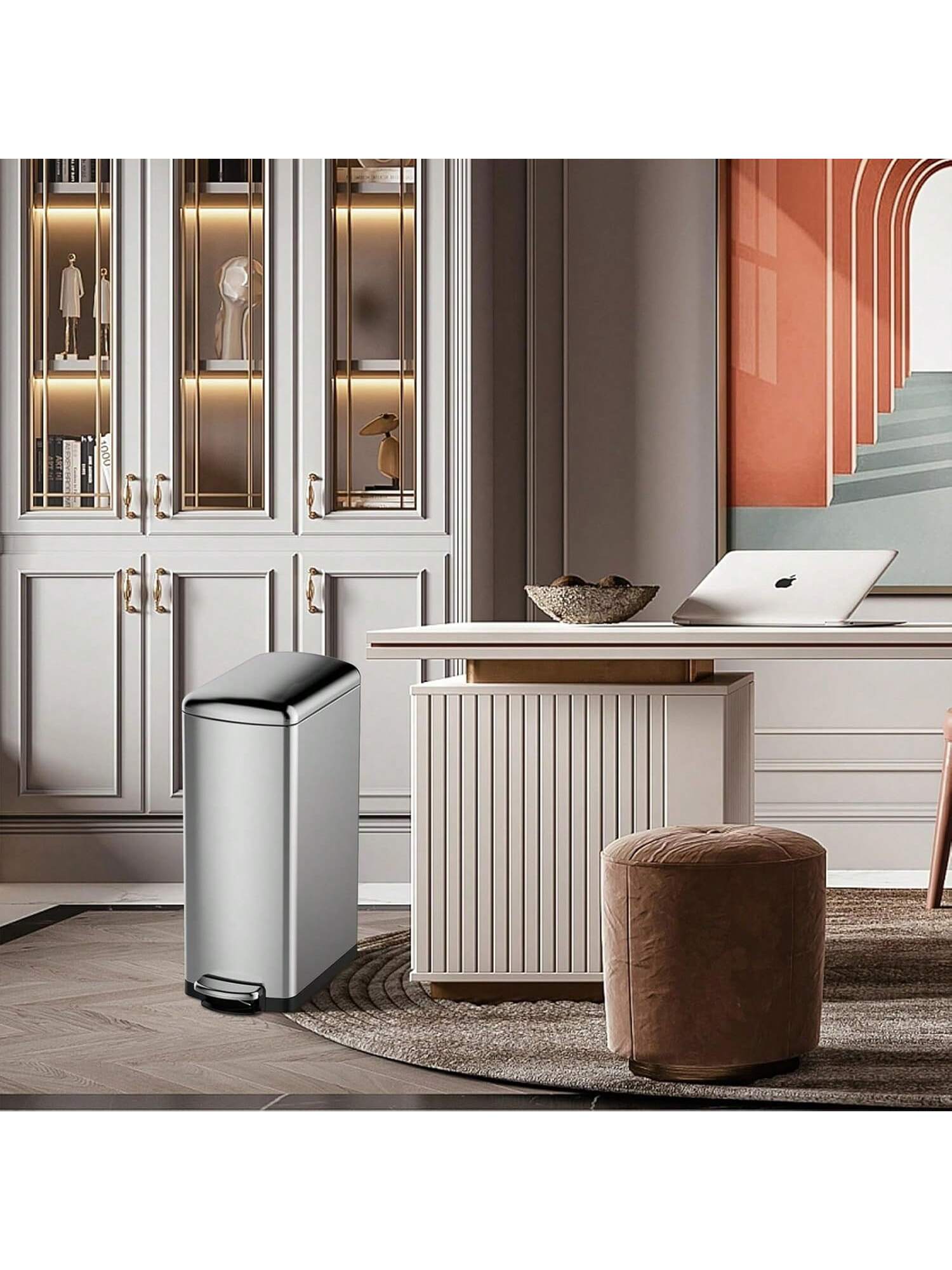 Back. GARVEE - 8 Gallon Trash Can Slim Kitchen Trash Can With Soft Close Lid Stainless Steel Garbage Can With Removable Bucket - Silver.