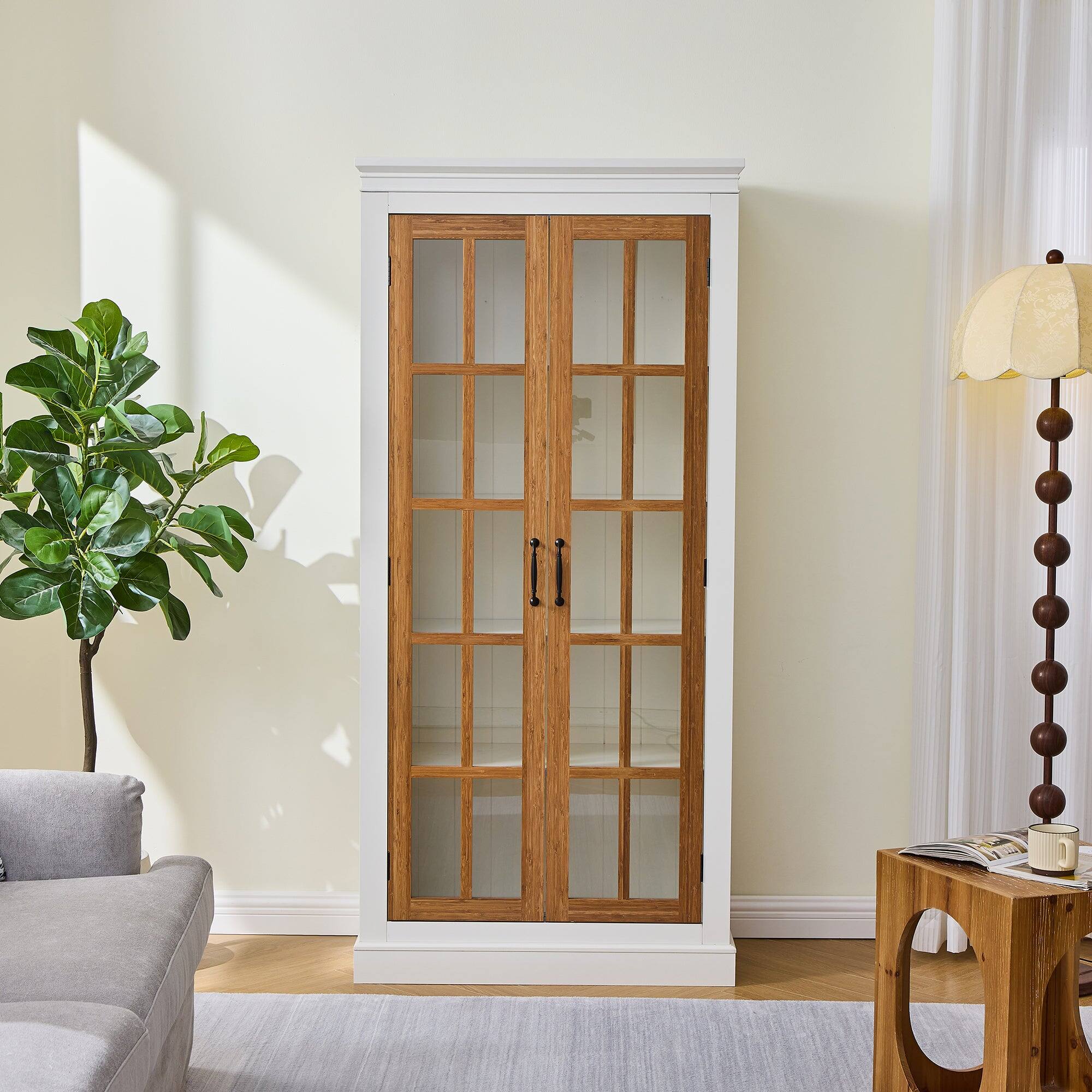 Alt View 2. Boyel Living - Seventy One Point Two Inch Freestanding Pantry Cabinet with Glass Doors Farmhouse Display Storage Cabinet - Brown,Cream White.