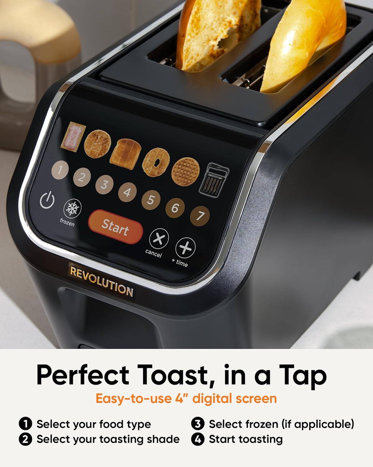 1. Select your food type  
2. Select your toasting shade  
3. Select frozen (if applicable)  
4. Start toasting  

Perfect Toast, in a Tap  
Easy-to-use 4" digital screen