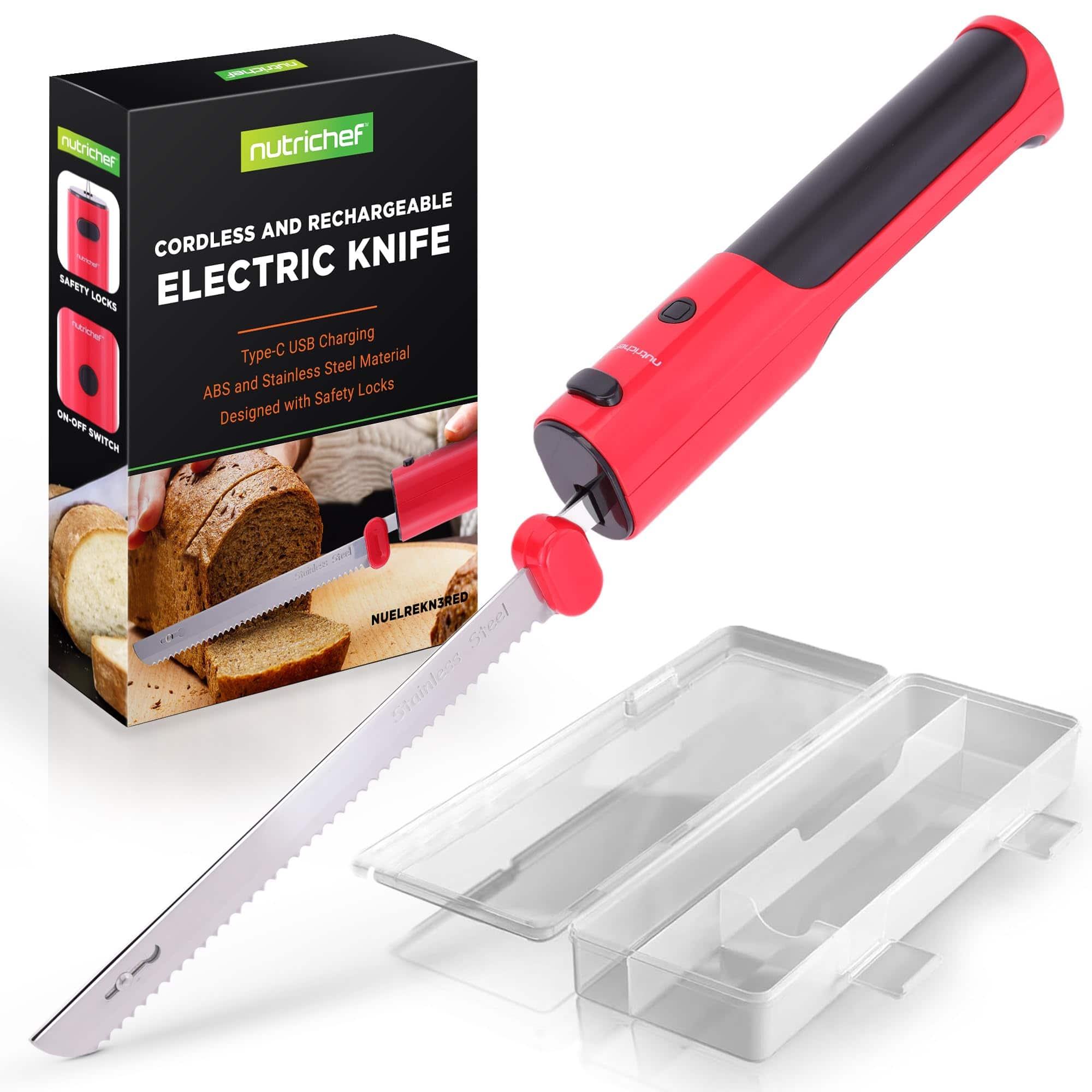 NutriChef - Cordless Electric Knife, 11.42” Stainless Steel Blades, Easy ON/OFF Function, (NUELREKN3RED) - Red