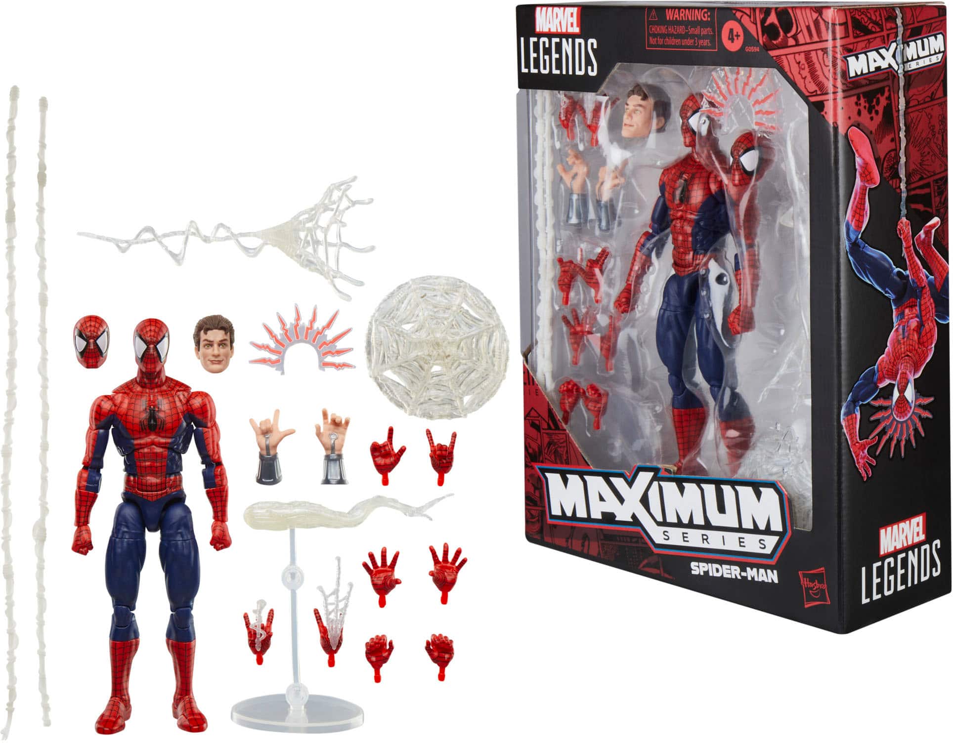 The image features a Spider-Man action figure from the Marvel Legends series. The figure is displayed next to a box of Spider-Man action figures, which include various accessories and parts to build a customized figure. The box also contains a Spider-Man head, which can be used to create a unique and personalized action figure. The action figure is posed in a dynamic stance, showcasing its impressive design and detail.
