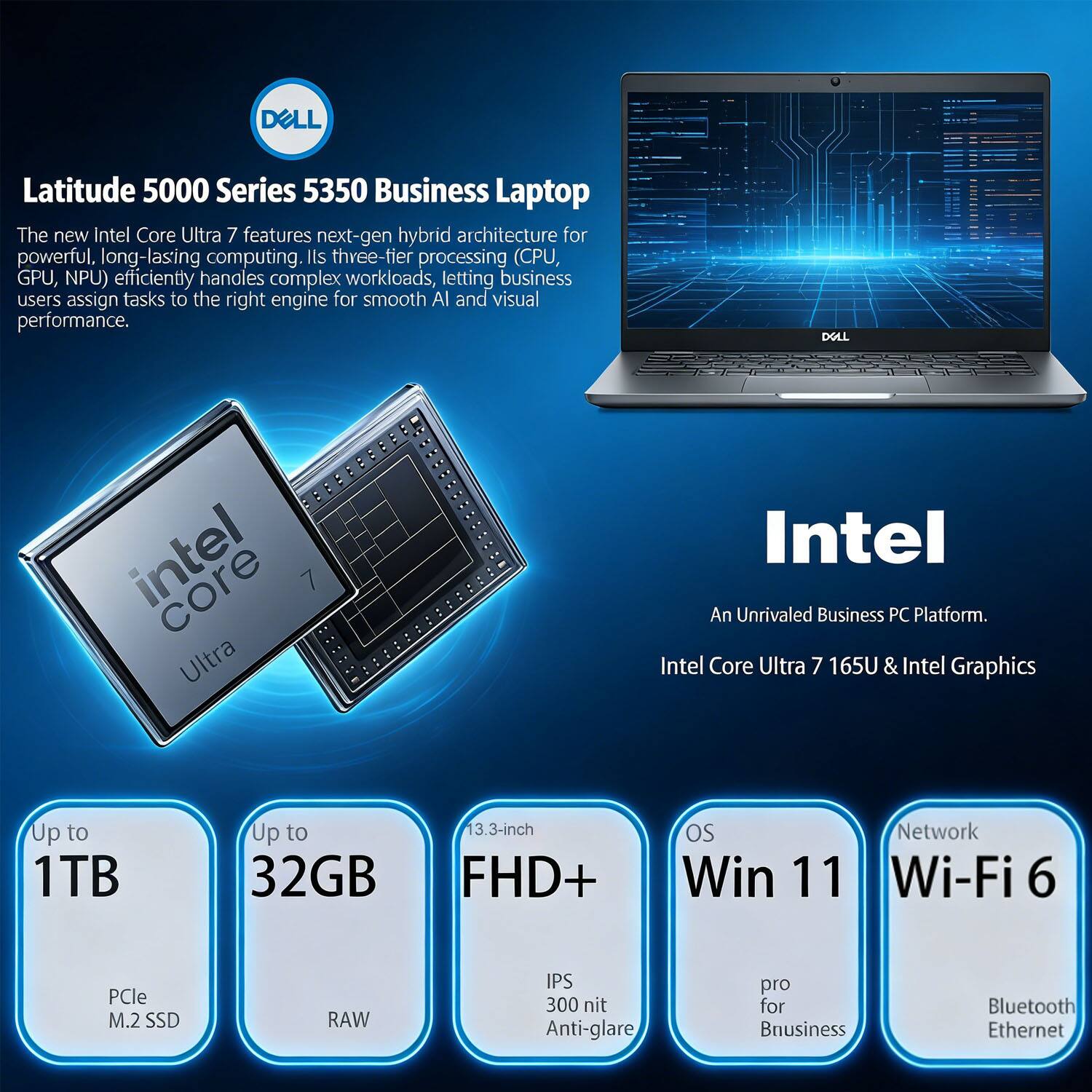 DELL Latitude 5000 Series 5350 Business Laptop

The new Intel Core Ultra 7 features next-gen hybrid architecture for powerful, long-lasting computing. Its three-tier processing (CPU, GPU, NPU) efficiently handles complex workloads, letting business users assign tasks to the right engine for smooth AI and visual performance.

Intel Core Ultra 7 165U & Intel Graphics

- Up to 1TB (PCIe M.2 SSD)
- Up to 32GB (RAM)
- 13.3-inch FHD+ IPS (300 nit Anti-glare)
- OS: Win 11 (pro for Business)
- Network: Wi-Fi 6, Bluetooth, Ethernet