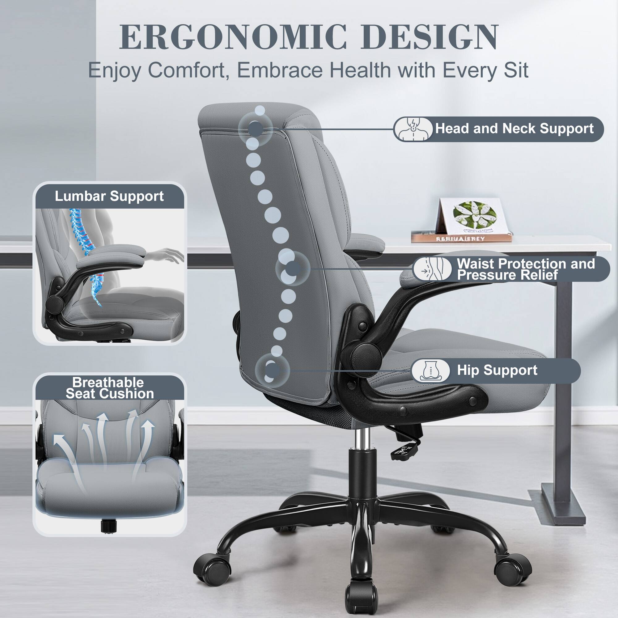 ERGONOMIC DESIGN  
Enjoy Comfort, Embrace Health with Every Sit  

- Head and Neck Support  
- Lumbar Support  
- Waist Protection and Pressure Relief  
- Breathable Seat Cushion  
- Hip Support