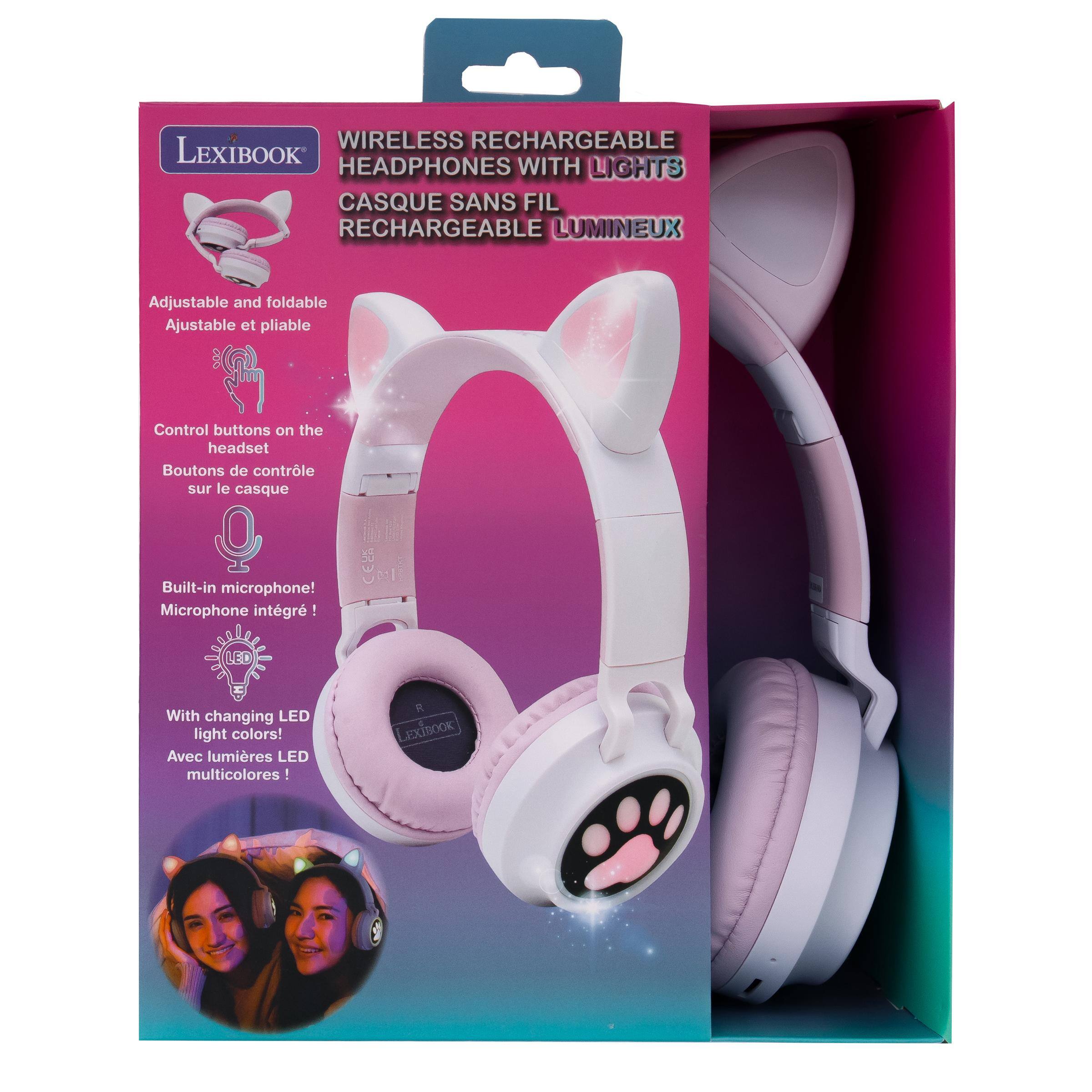 LEXIBOOK WIRELESS RECHARGEABLE HEADPHONES WITH LIGHTS CASQUE SANS FIL RECHARGEABLE LUMINEUX

Adjustable and foldable Ajustable et pliable

Control buttons on the headset Boutons de contrôle sur le casque

Built-in microphone! Microphone intégré !

With changing LED light colors! Avec lumières LED multicolores!