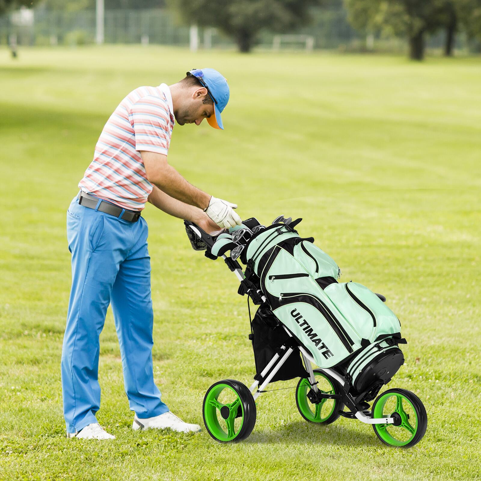 Alt View 9. Costway - Costway Folding 3 Wheels Golf Push Cart W/Seat Scoreboard Adjustable Handle - Green.