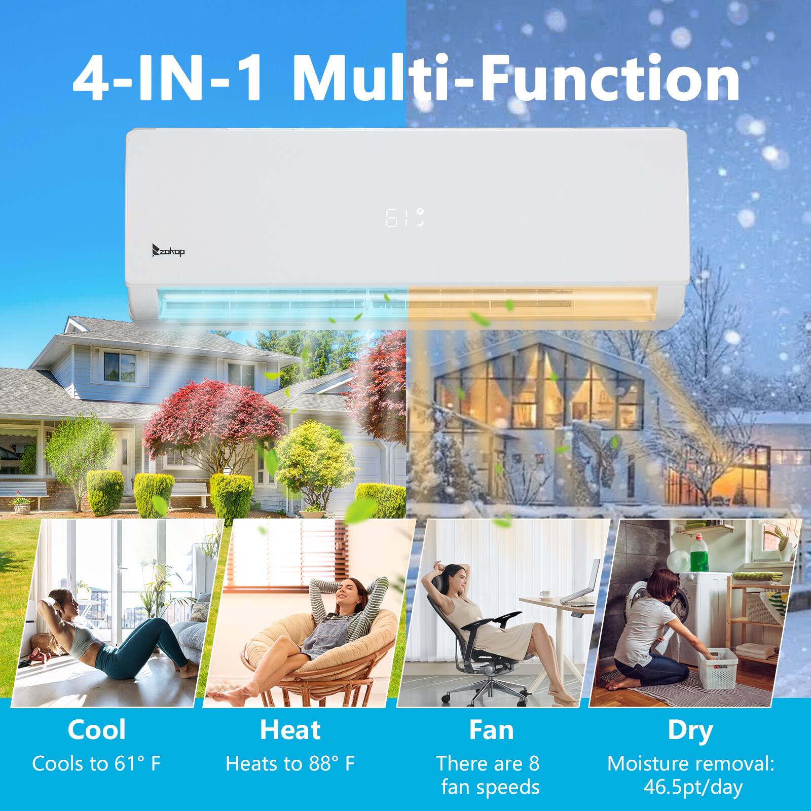 4-IN-1 Multi-Function

Cool
Cools to 61°F

Heat
Heats to 88°F

Fan
There are 8 fan speeds

Dry
Moisture removal: 46.5pt/day