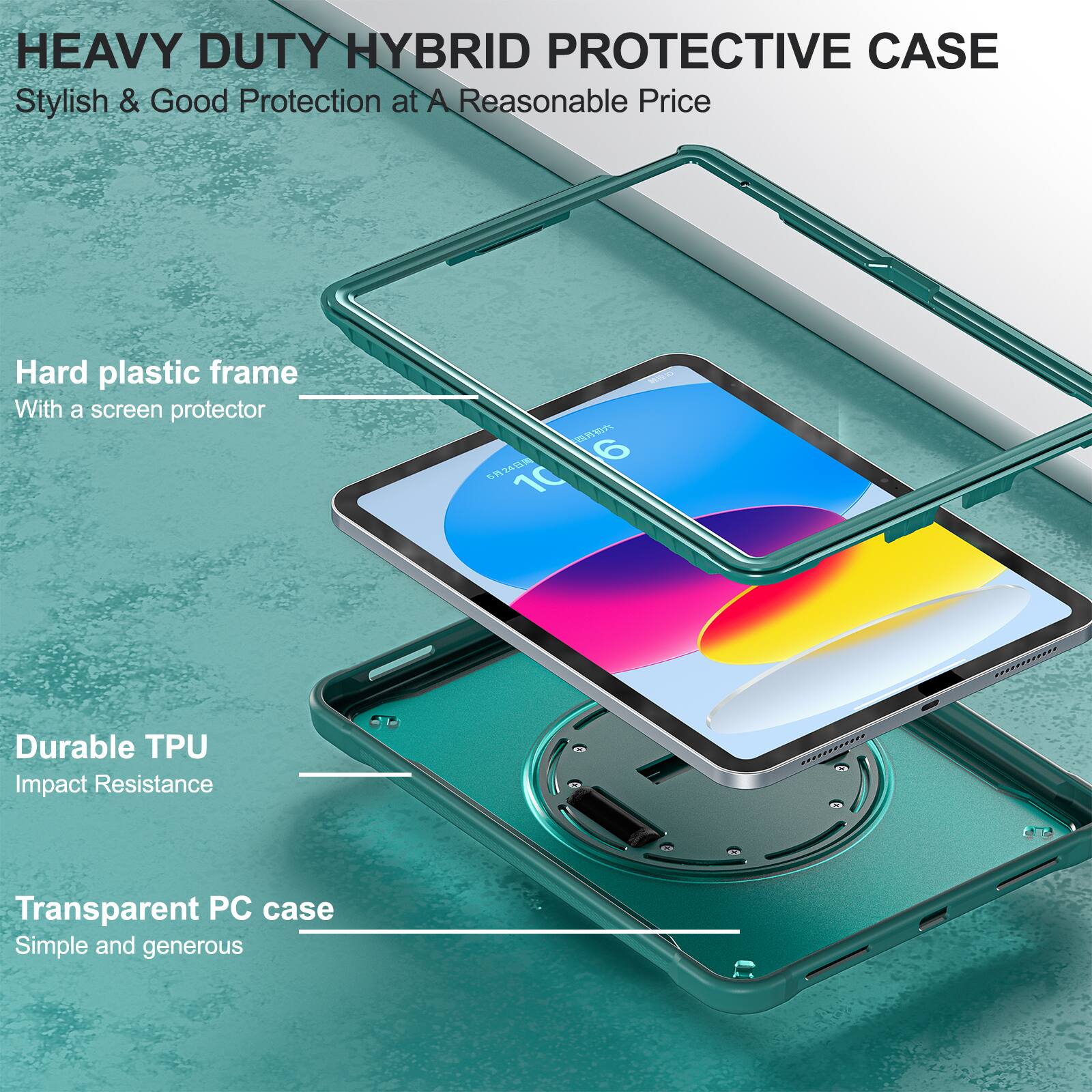 HEAVY DUTY HYBRID PROTECTIVE CASE  
Stylish & Good Protection at A Reasonable Price  

Hard plastic frame  
With a screen protector  

Durable TPU  
Impact Resistance  

Transparent PC case  
Simple and generous