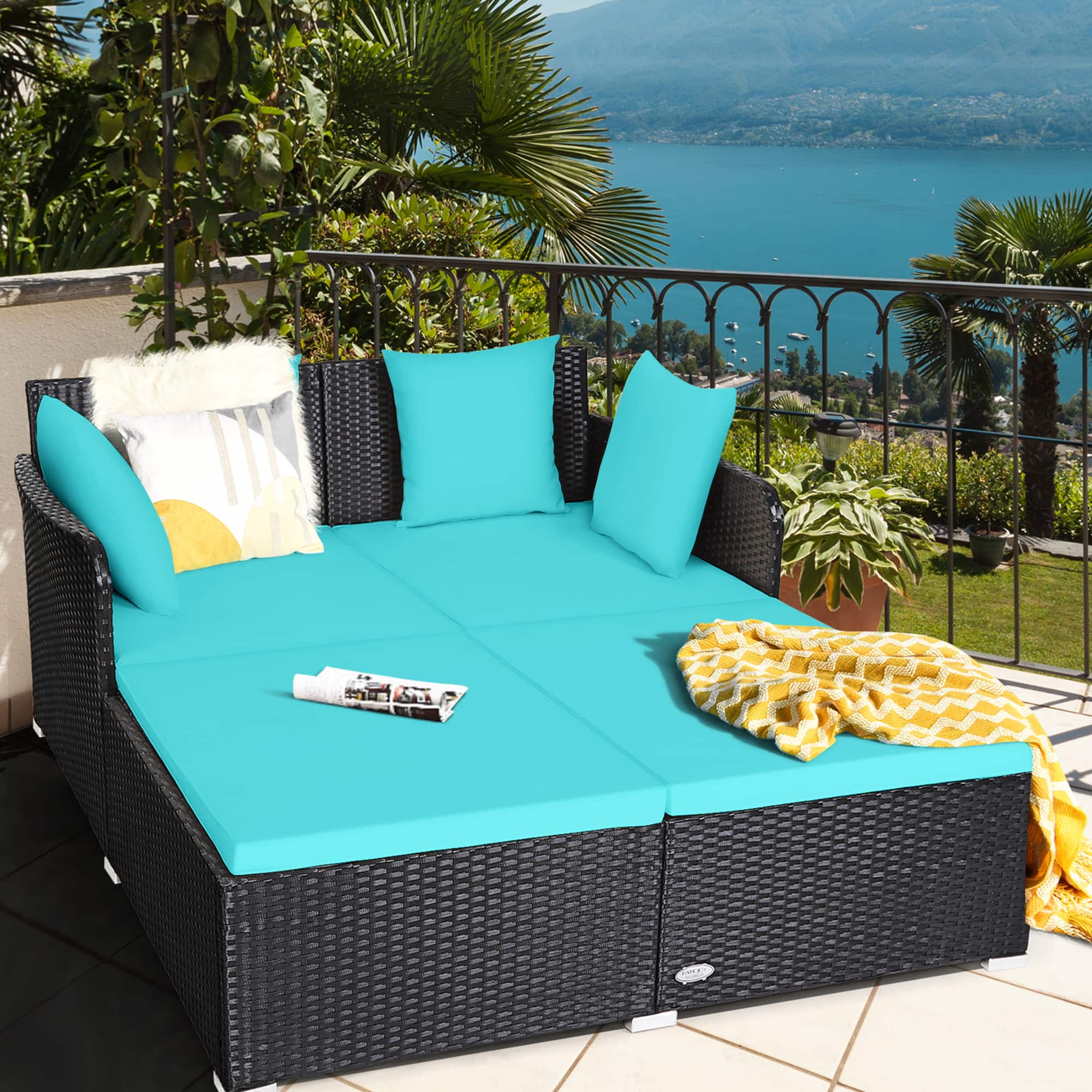 Gymax - Rattan Patio Daybed Loveseat Sofa Yard Outdoor w/ Cushions Pillows - Turquoise