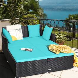 Gymax - Rattan Patio Daybed Loveseat Sofa Yard Outdoor w/ Cushions Pillows - Turquoise