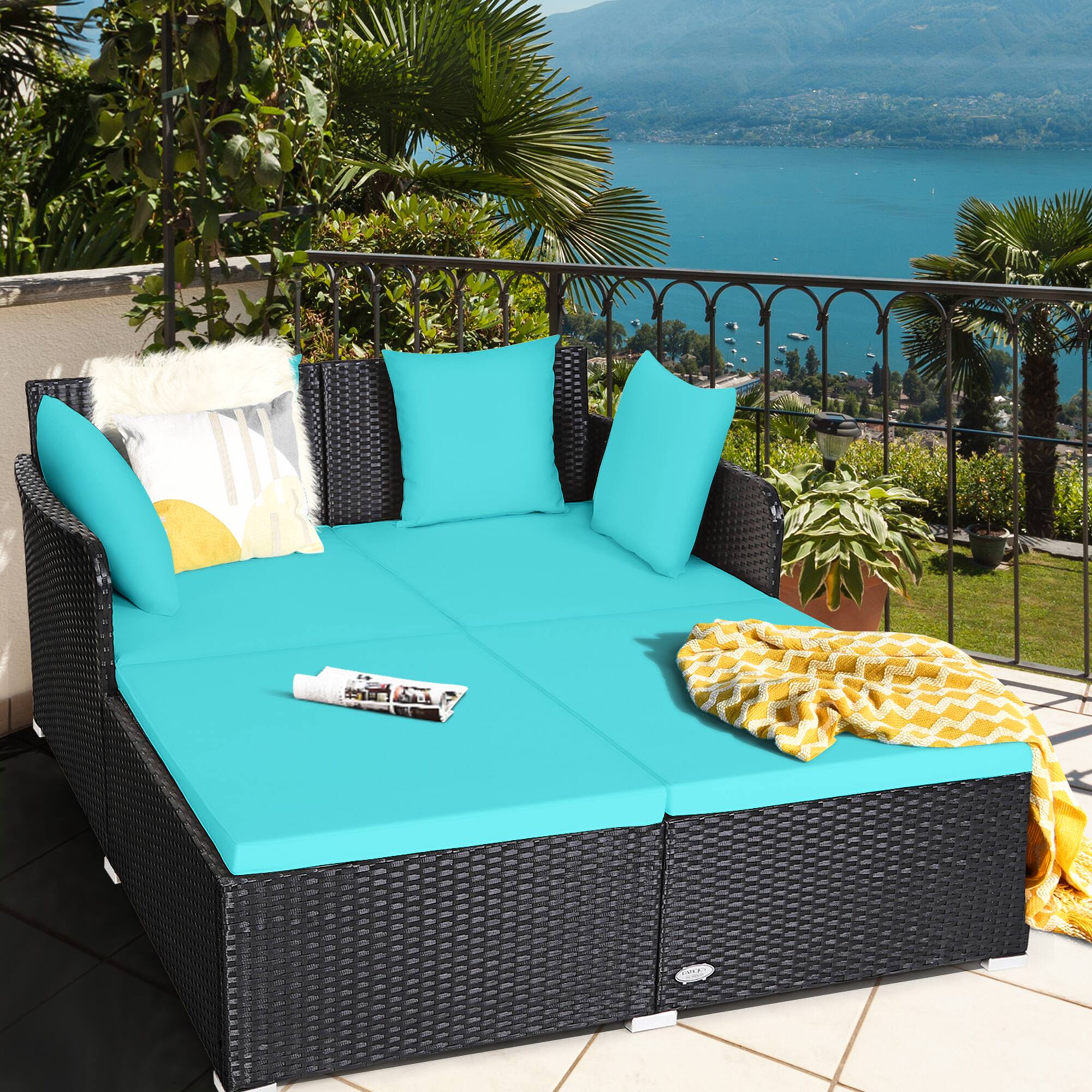 Front. Gymax - Gymax Rattan Patio Daybed Loveseat Sofa Yard Outdoor w/ Turquoise Cushions Pillows - Turquoise.