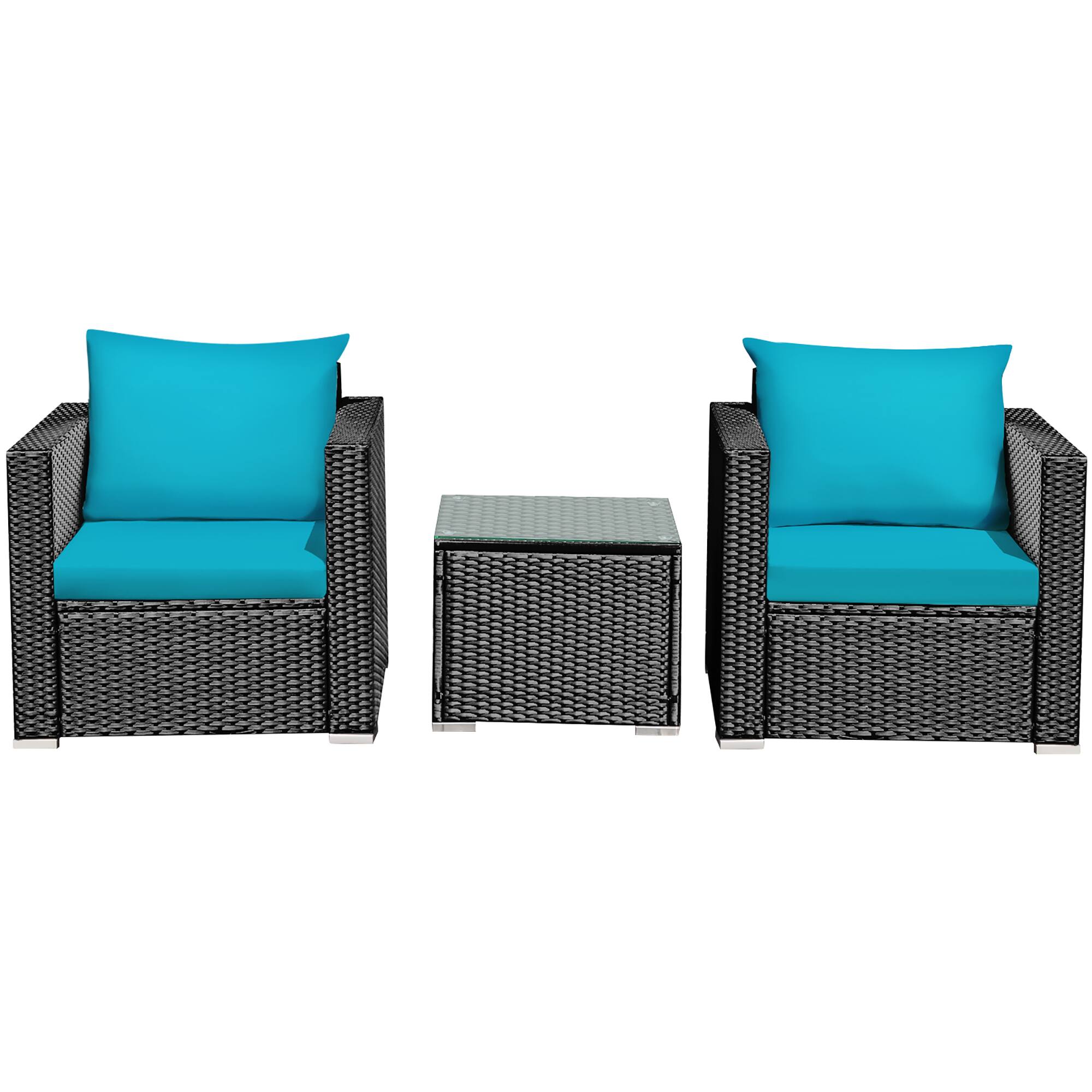 Angle. Costway - 3PCS Patio Rattan Wicker Furniture Set Sofa Table W/Cushion - Turquoise.
