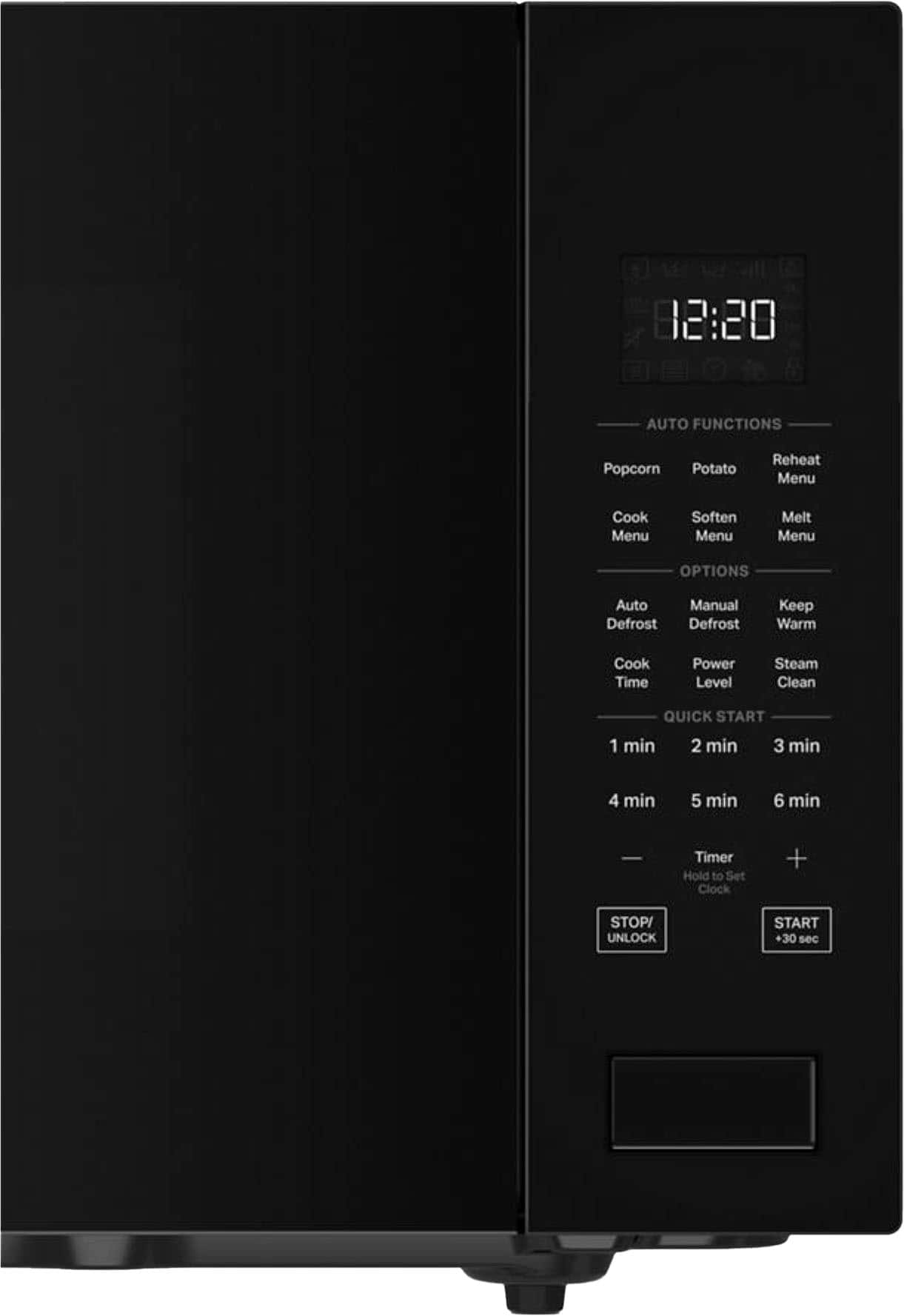 The text on the image reads:
12:20 AUTO FUNCTIONS Popcorn Potato Reheat Menu Cook Menu Soften Menu Melt Menu OPTIONS Auto Manual Defrost Defrost Keep Warm Cook Time Power Level Steam Clean QUICK START 1 min 2 min 3 min 4 min 5 min 6 min Timer Hold to Set Clock + START/ UNLOCK START +30 sec
The corrected text is:
12:20 Auto Functions: Popcorn, Potato Reheat, Menu, Cook Menu, Soften Menu, Melt Menu
Options: Auto, Manual, Defrost, Defrost, Keep Warm, Cook Time, Power Level, Steam Clean
Quick Start: 1 min, 2 min, 3 min, 4 min, 5 min, 6 min
Timer: Hold to Set Clock + Start/ Unlock
The text is grouped and corrected to provide a clear and concise description of the microwave's features and functions.