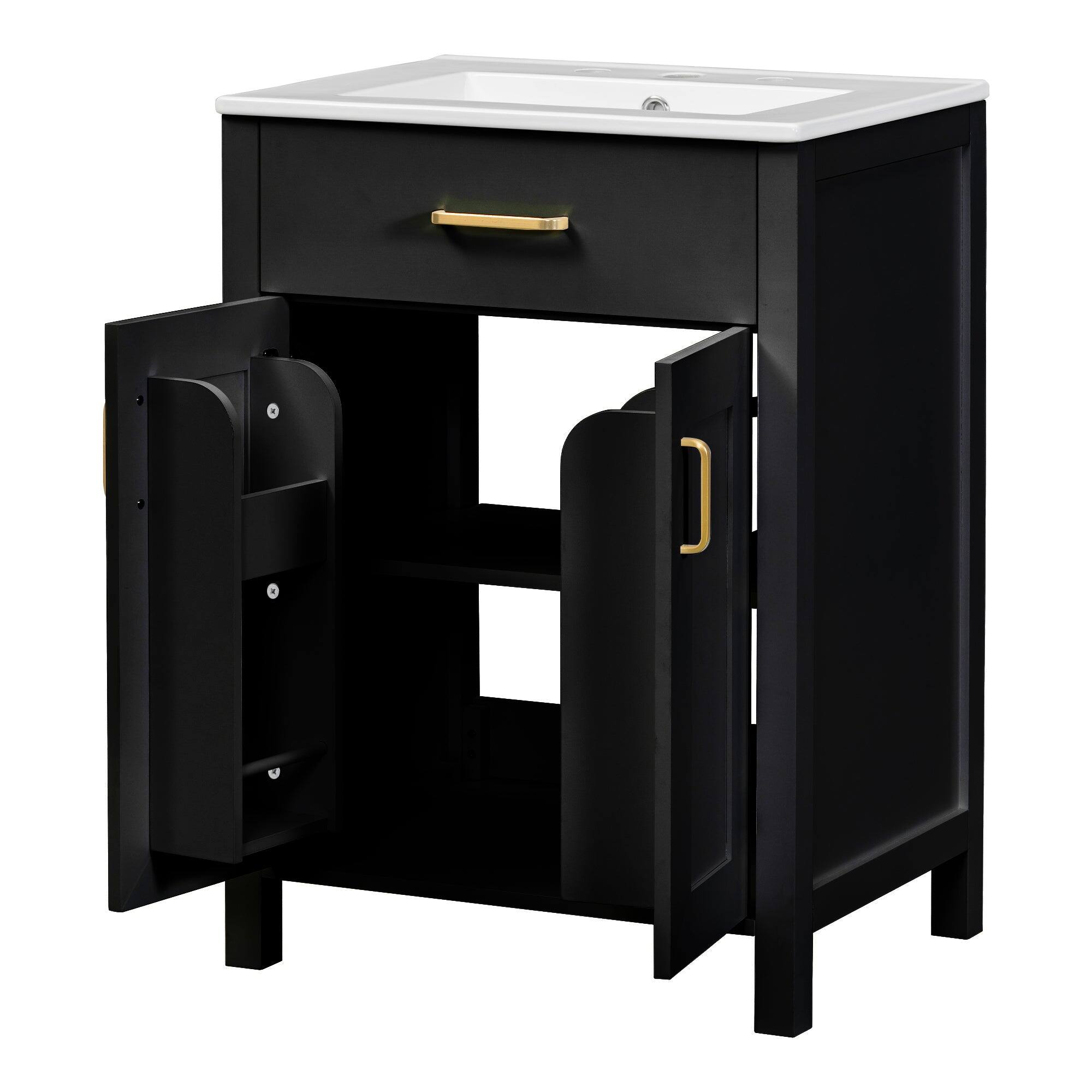 Back. Boyel Living - 48 Inch Double Bathroom Vanity with Dual Ceramic Sinks, Soft-Close Doors, Flip Drawer, Gold Handles, Adjustable Shelf - Black.