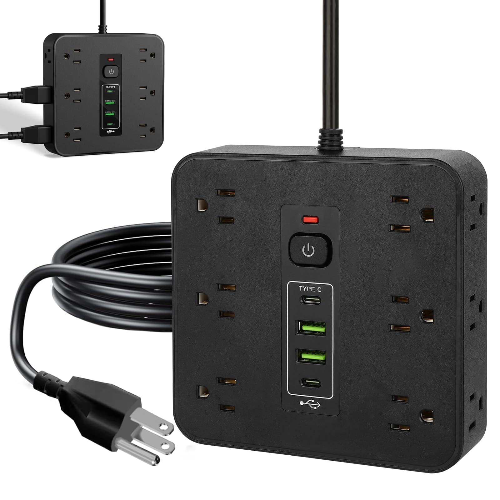 Dazzed Corner - 12 Outlets Power Strip, 6.6FT Extension Cord and Overload Protection - Black