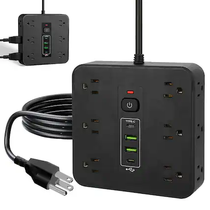Front. Dazzed Corner - 12 Outlets Power Strip, 6.6FT Extension Cord and Overload Protection - Black.