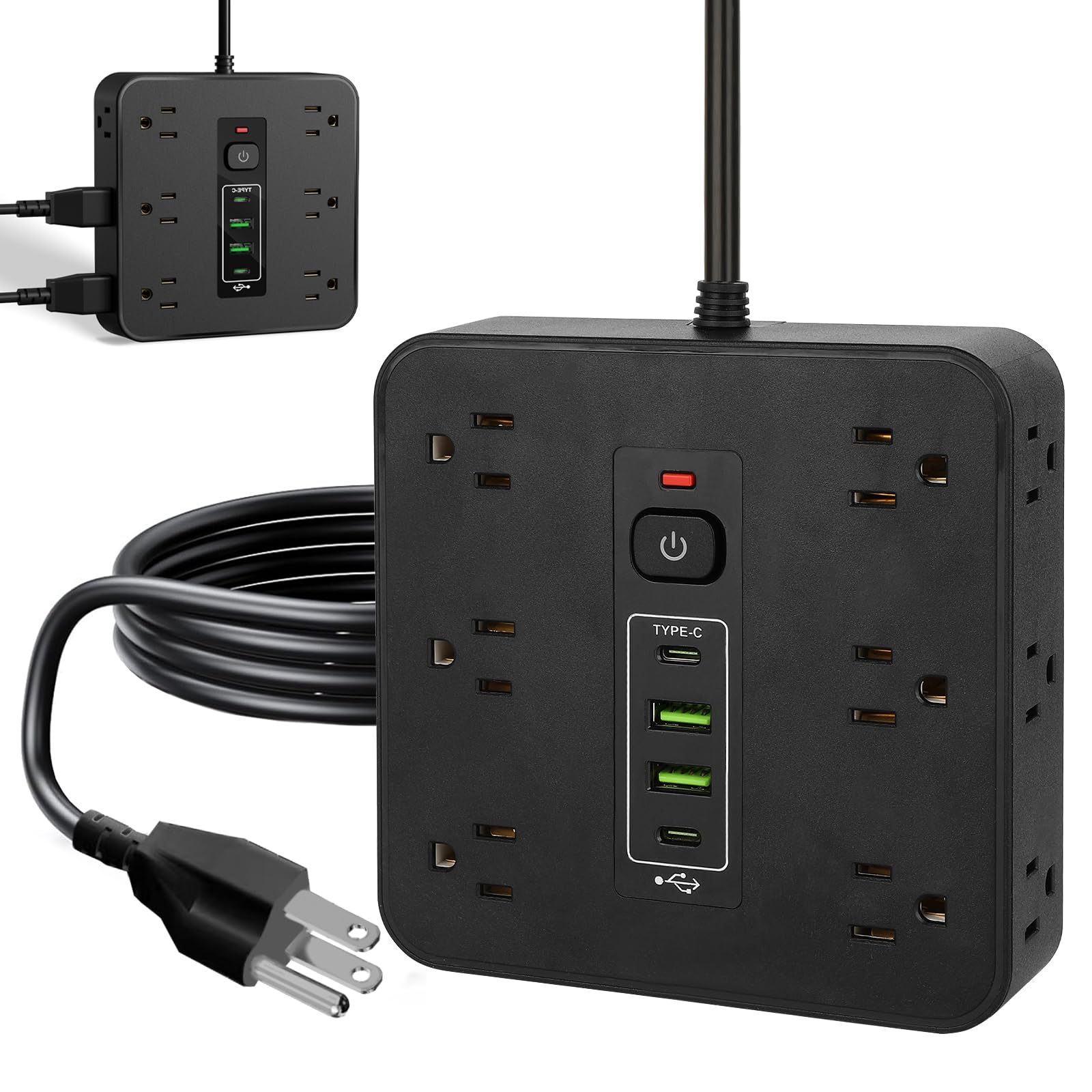 Front. Dazzed Corner - 12 Outlets Power Strip, 6.6FT Extension Cord and Overload Protection - Black.