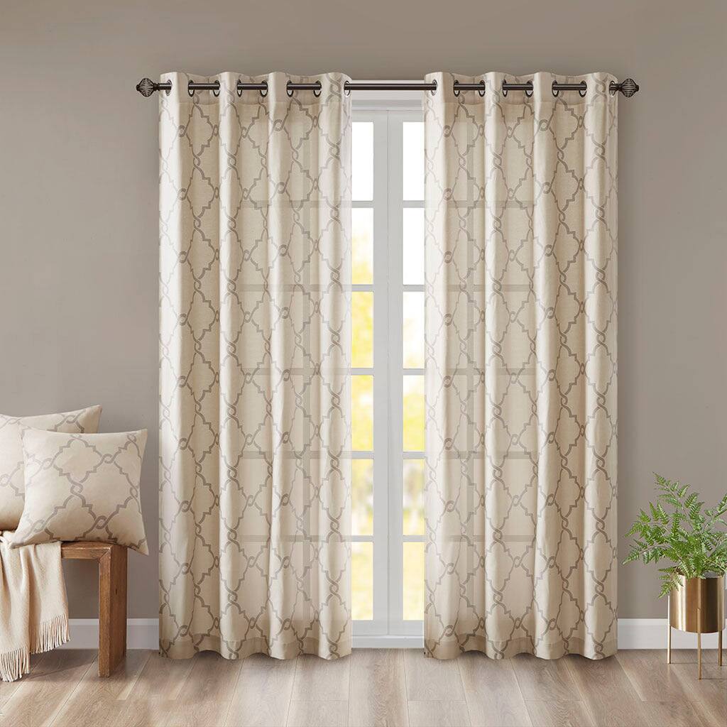 Front. BreeBe - Fretwork Print Grommet Top Window Curtain Panel(Only 1 Pc Panel) - Beige and Grey.