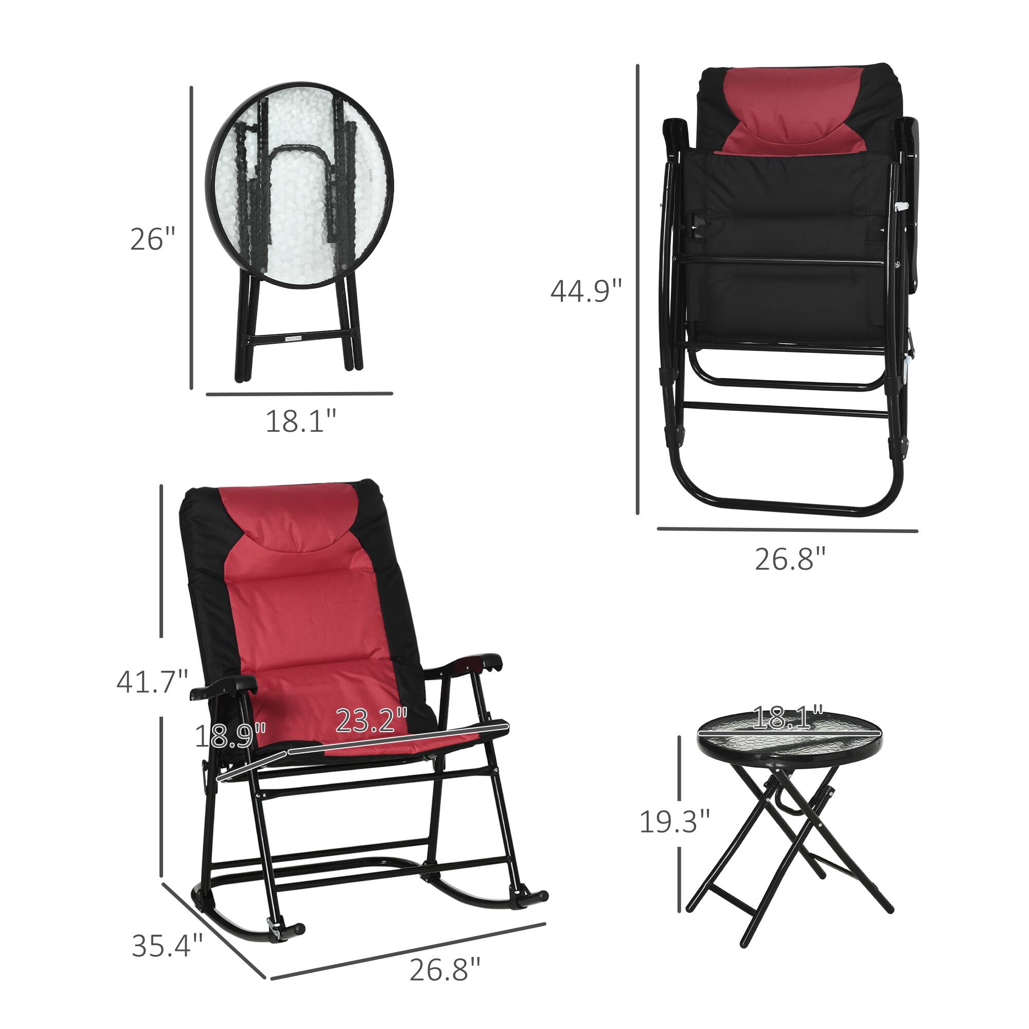 - 26" (height of the round table)
- 18.1" (depth of the round table)
- 44.9" (height of the chair)
- 26.8" (width of the chair)
- 41.7" (height of the recliner)
- 18.9" (depth of the recliner)
- 23.2" (width of the recliner)
- 35.4" (depth of the recliner)
- 19.3" (height of the side table)
- 18.1" (depth of the side table)