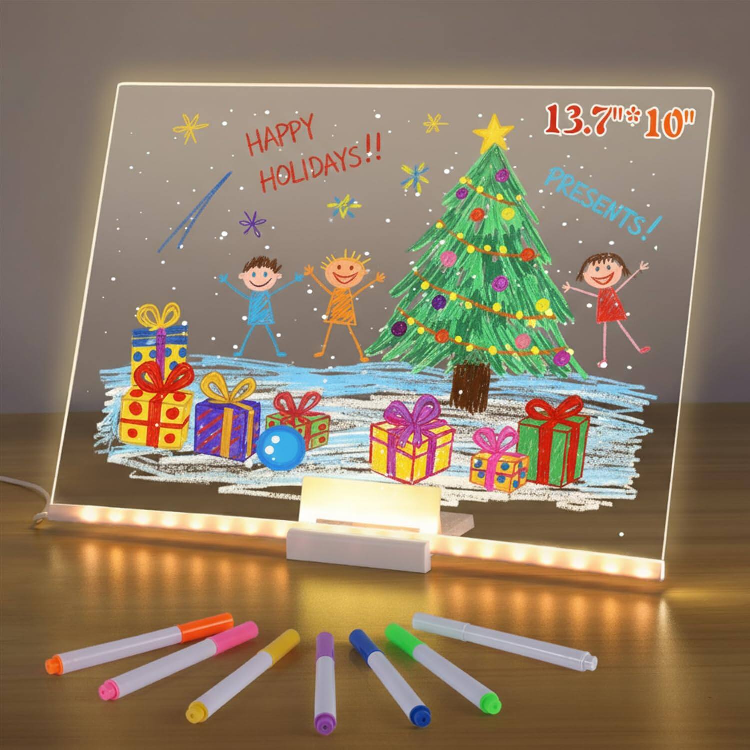 Fabibe - Led Doodle Glow Note Board 13.7"x10" Dry Erase Drawing Message For With Light Stand 7 Markers - Default