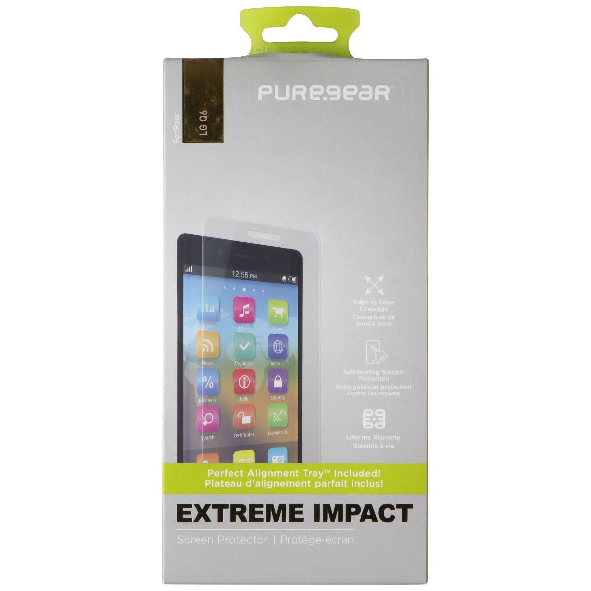 For/Pour Q6 LG PUREgeAR I 12:56 P Aa The MaE Edge to Edge Coverage Couverture de bord a bord Self-Healing Scratch Protection Auto-guérison protection contre les rayures 9 68 Lifetime Warranty Garantie à vie Perfect Alignment Tray Included! Plateau d'alignement parfait inclus! EXTREME IMPACT Screen Protector | Protège-écran
