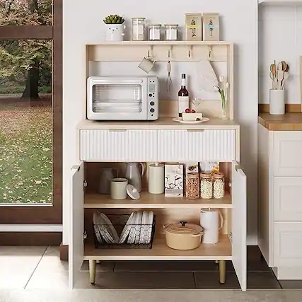 Front. GARVEE - Sideboard Buffet Cabinet with Adjustable Shelves & 2 Drawers, Modern Wood Buffet Console Table, white - Natural wood color + white.