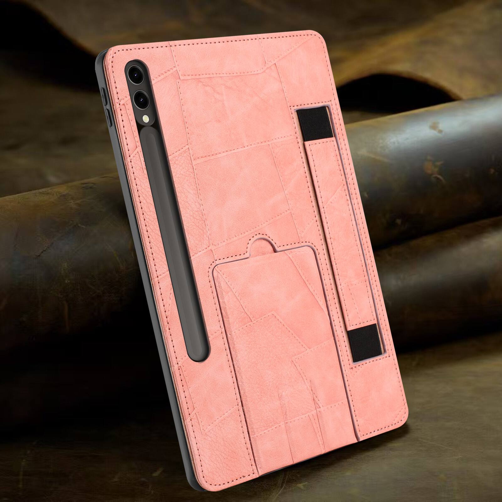 Back. Dteck - Leather Texture Case for Samsung Galaxy Tab S10 FE+, Shockproof Cover with Multi-Angle Stand and Secure Hand Strap - Pink.