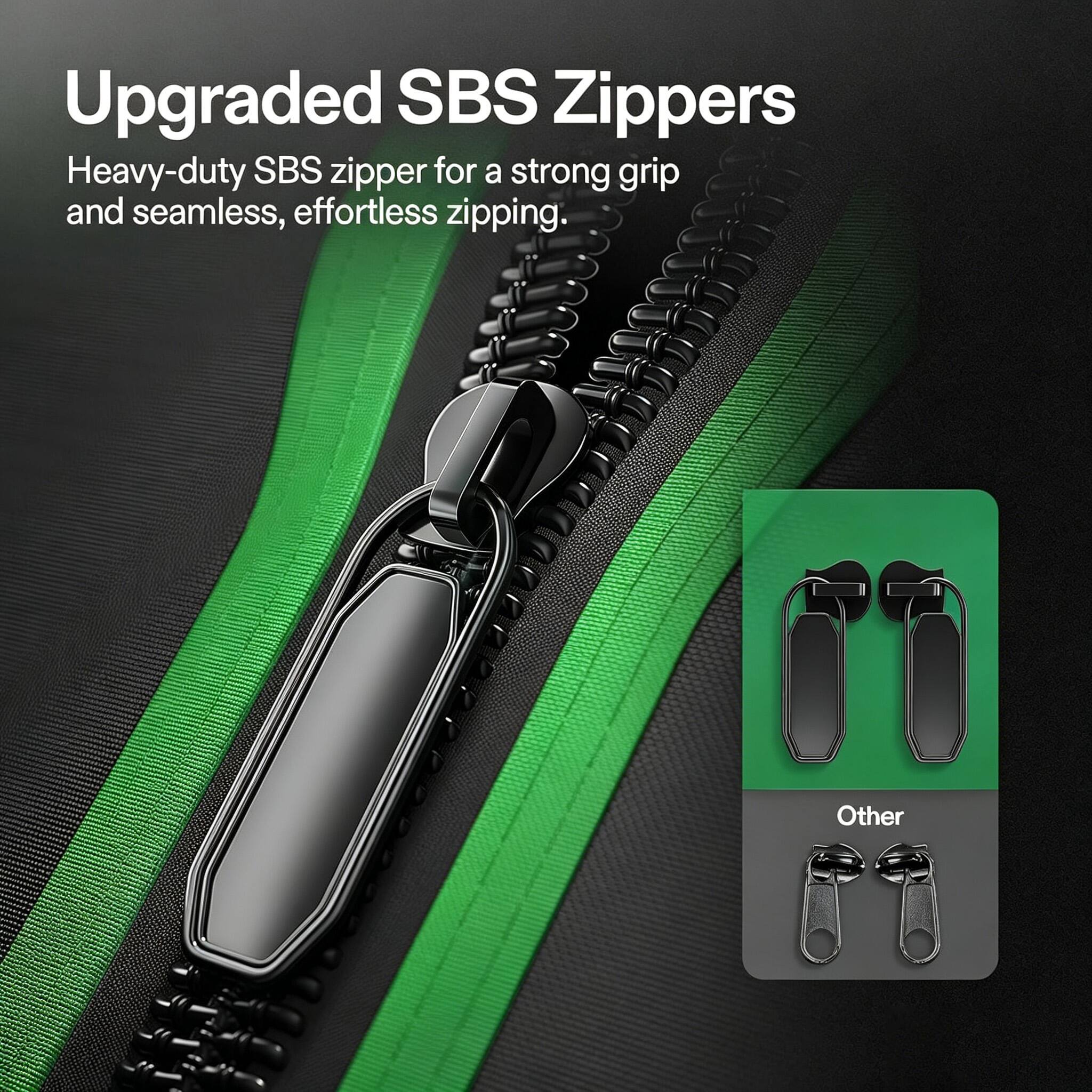 Upgraded SBS Zippers

Heavy-duty SBS zipper for a strong grip and seamless, effortless zipping.

Other