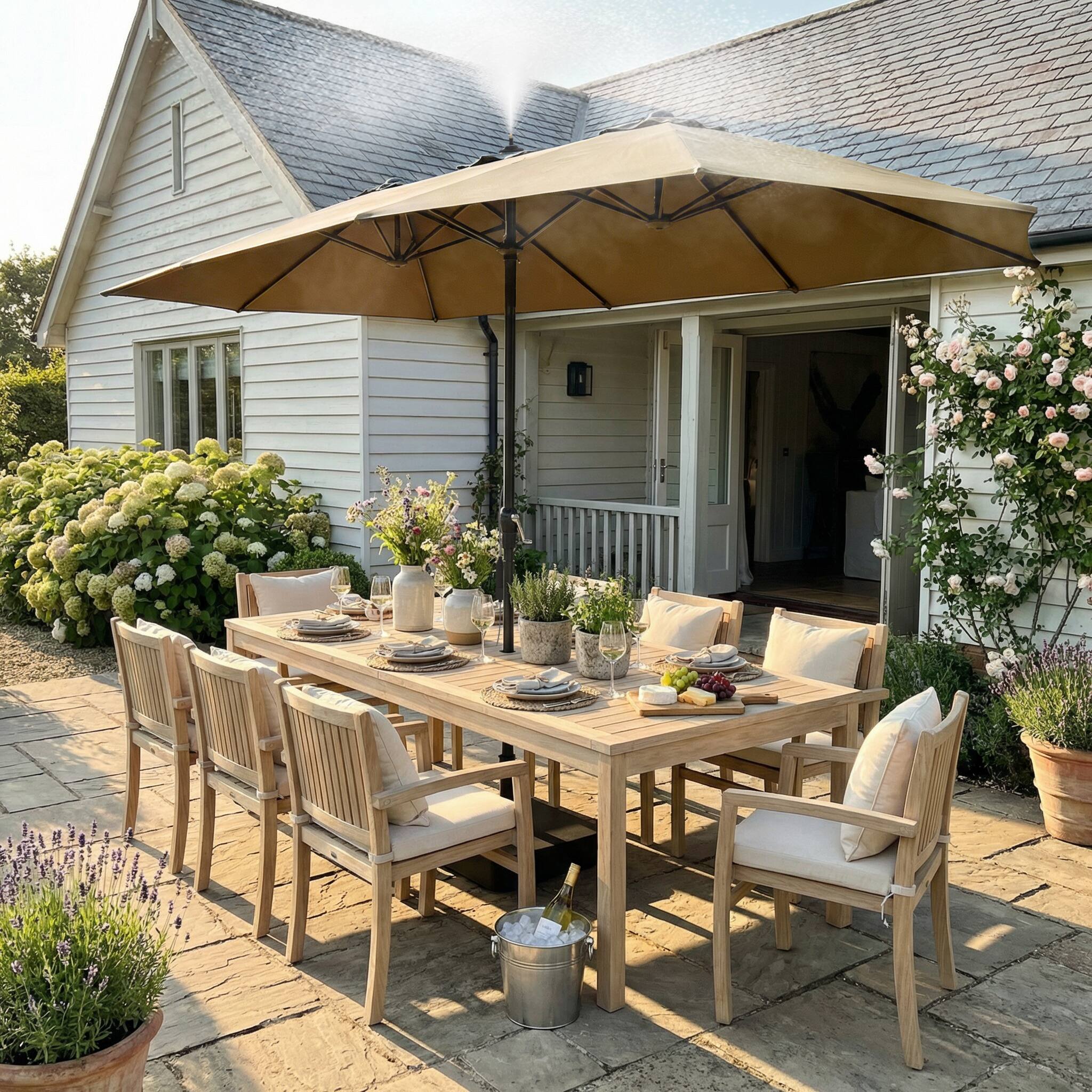 Left. Famapy - 11ft Double-Top Patio Misting Umbrella - Spray Cooling System & Reinforced Frame for Pool, Garden - Sand.