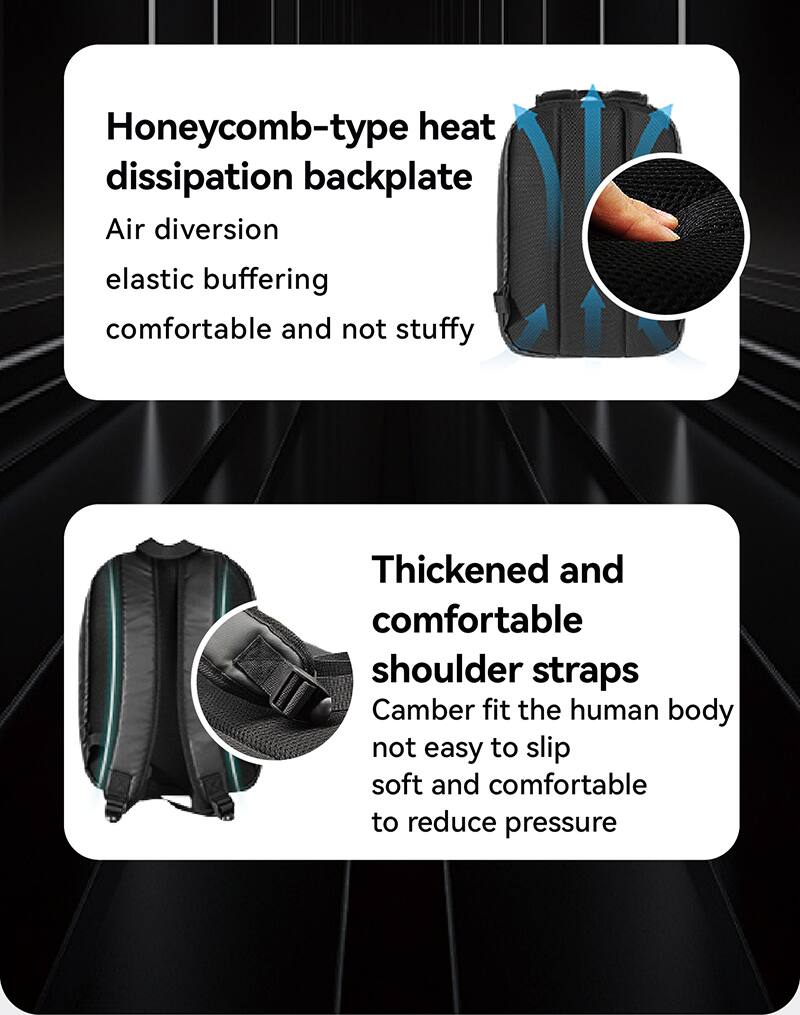 Honeycomb-type heat dissipation backplate  
Air diversion  
elastic buffering  
comfortable and not stuffy  

Thickened and comfortable shoulder straps  
Camber fit the human body  
not easy to slip  
soft and comfortable  
to reduce pressure