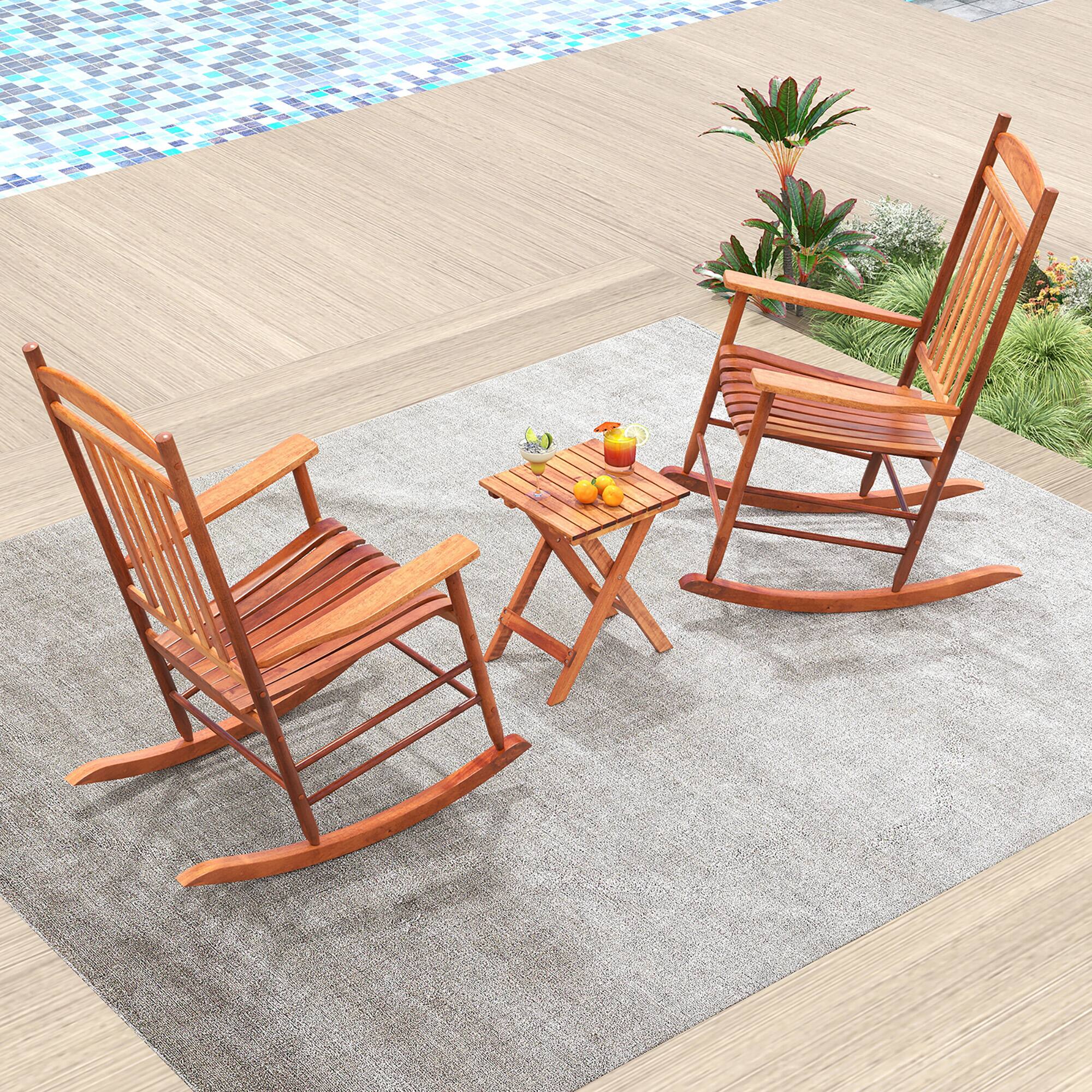 Alt View 4. Gymax - Gymax 3PCS Patio Poplar Wood Rocking Bistro Set Outdoor Furniture Set for Garden - Natural.