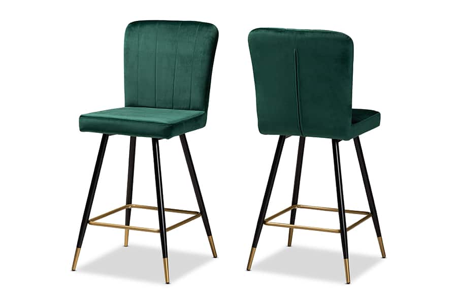 Baxton Studio - Preston Modern Green Velvet Upholstered and Two-Tone and Gold Finished Metal 2-Piece Bar Stool Set - Green/Black/Gold