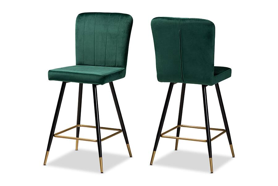 Front. Baxton Studio - Preston Modern Green Velvet Upholstered and Two-Tone and Gold Finished Metal 2-Piece Bar Stool Set - Green/Black/Gold.