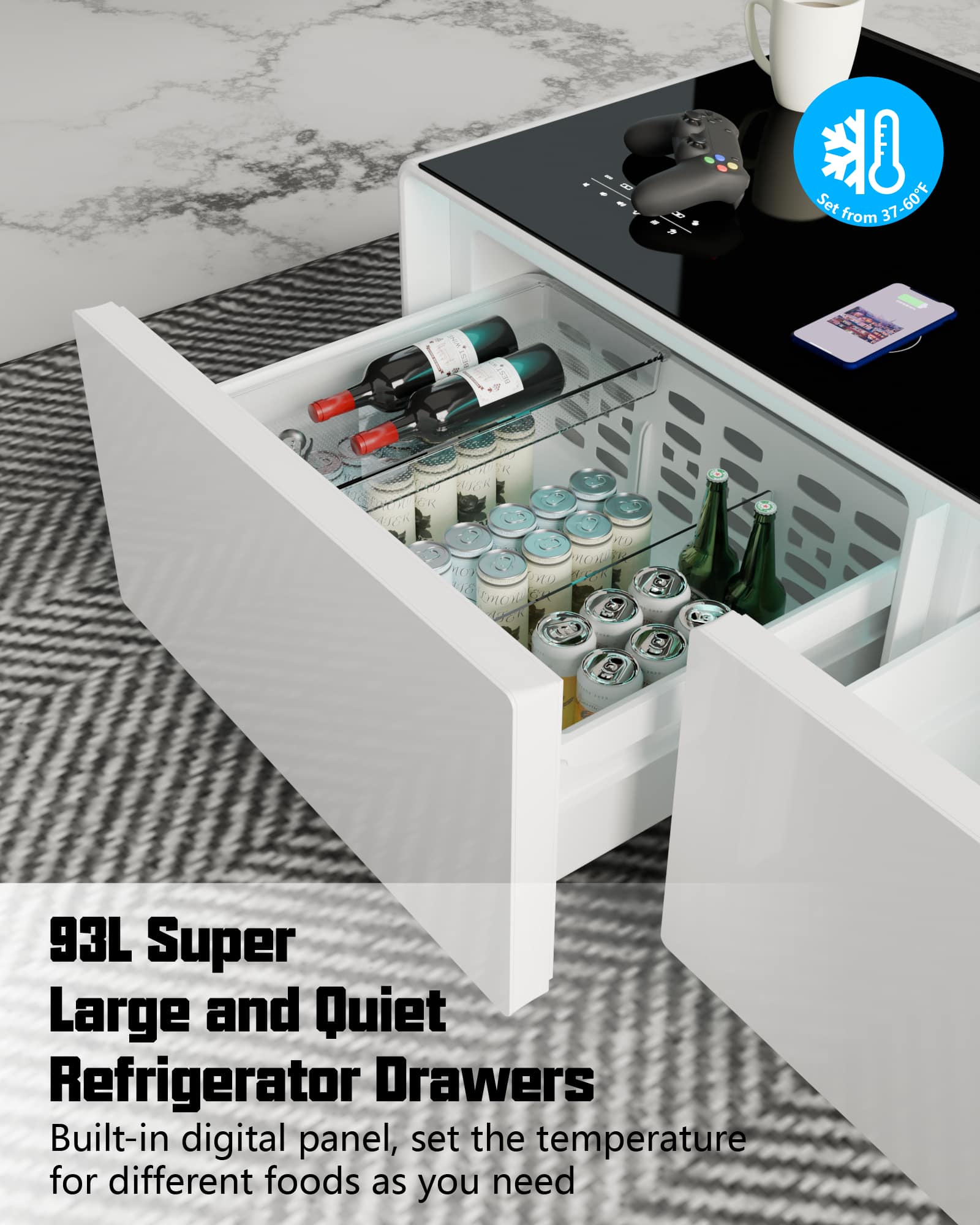 ET - X, 60F. Set the temperature for different foods as you need. 93L Super Large and Quiet Refrigerator Drawers. Built-in digital panel.