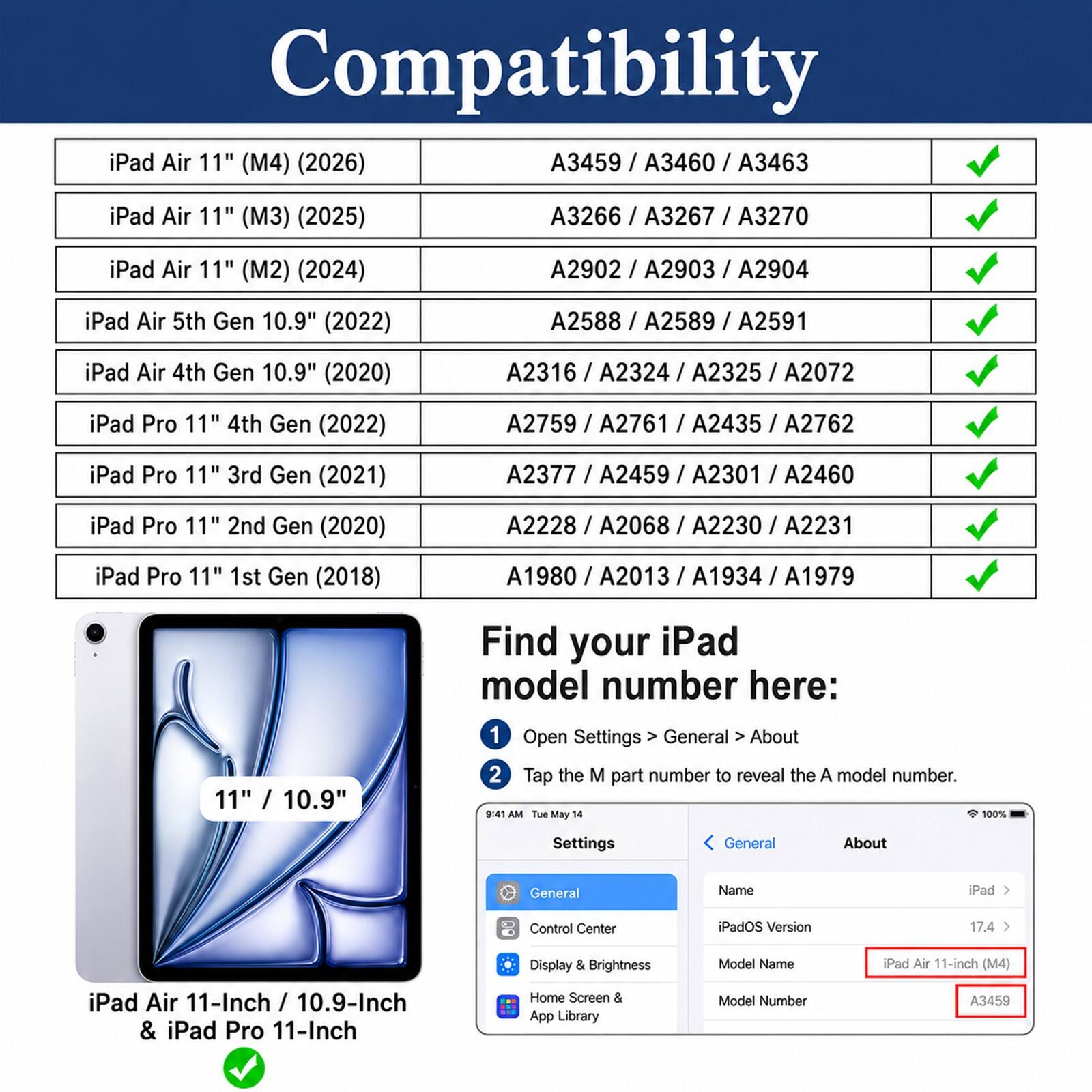 Compatibility

iPad Air 11" (M4) (2026) A3459 / A3460 / A3463  
iPad Air 11" (M3) (2025) A3266 / A3267 / A3270  
iPad Air 11" (M2) (2024) A2902 / A2903 / A2904  
iPad Air 5th Gen 10.9" (2022) A2588 / A2589 / A2591  
iPad Air 4th Gen 10.9" (2020) A2316 / A2324 / A2325 / A2072  
iPad Pro 11" 4th Gen (2022) A2759 / A2761 / A2435 / A2762  
iPad Pro 11" 3rd Gen (2021) A2377 / A2459 / A2301 /