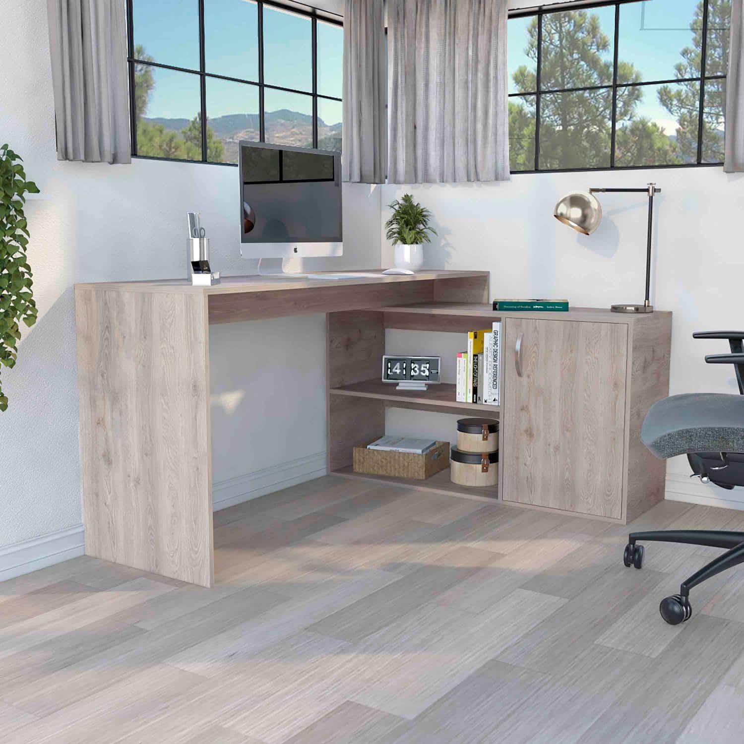 TuHome - Axis Modern L-Shaped Computer Desk With Open & Closed Storage - Light Gray