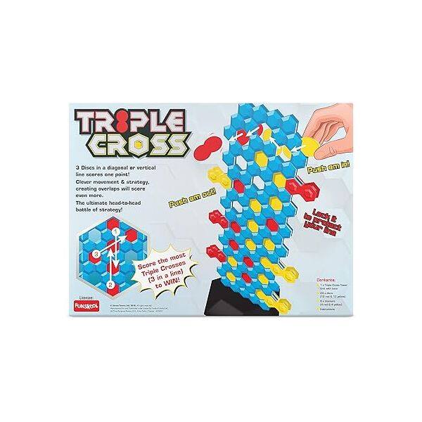 TR8PLE CROSS  Discs in a diagonal or vertical line scores one point! Clever movement & strategy, creating overlaps will score even more. Push out! The ultimate head-to-head Push battle of strategy! 1 4 em Push to Lack E yeur protect lne 3 2 the most Score Crosses Triple in a line) [3 WIN! to Contanta Liberca FUNSKOOL