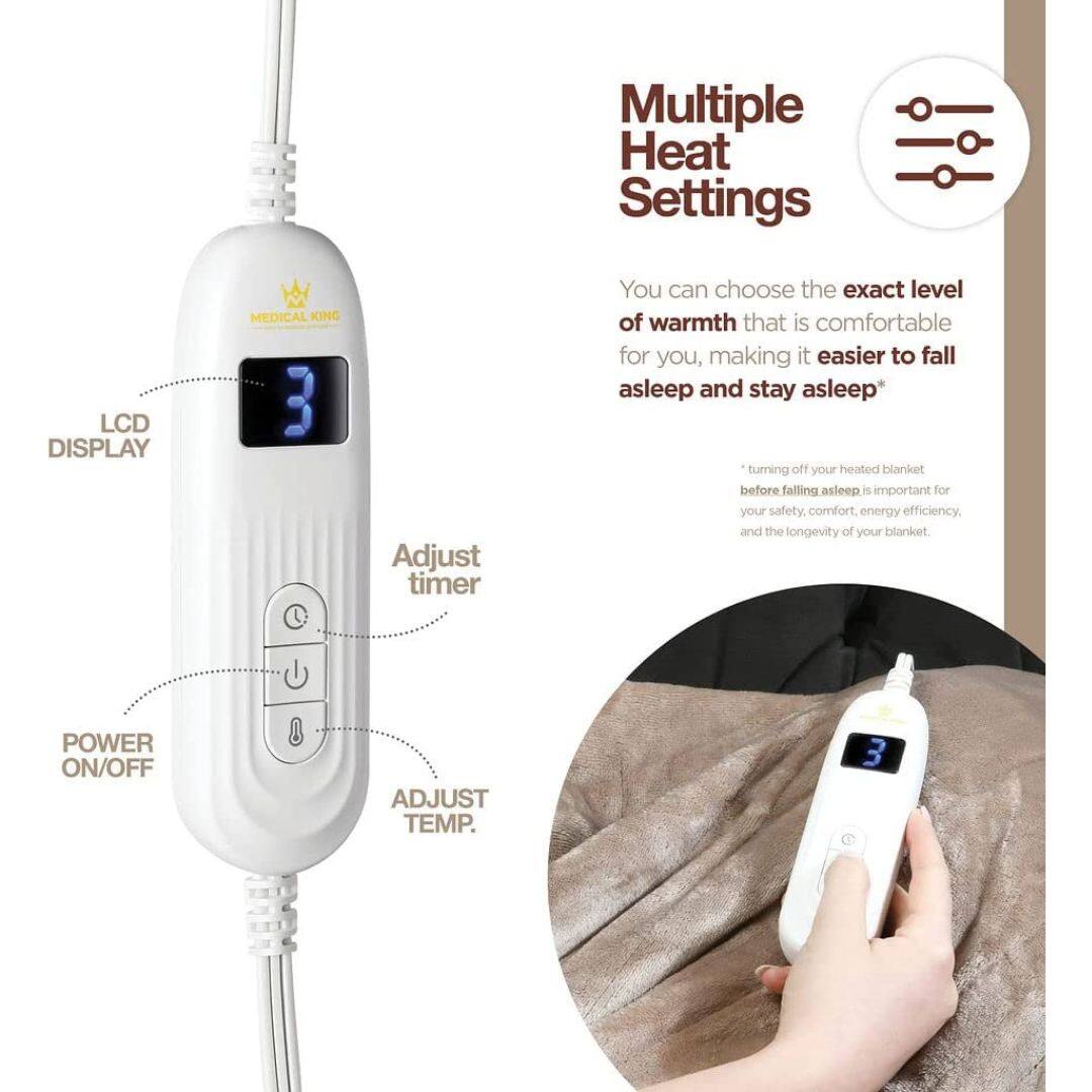 Multiple Heat Settings

You can choose the exact level of warmth that is comfortable for you, making it easier to fall asleep and stay asleep*

*Turning off your heated blanket before falling asleep is important for your safety, comfort, energy efficiency, and the longevity of your blanket.

LCD DISPLAY

POWER ON/OFF

ADJUST TEMP.

Adjust timer