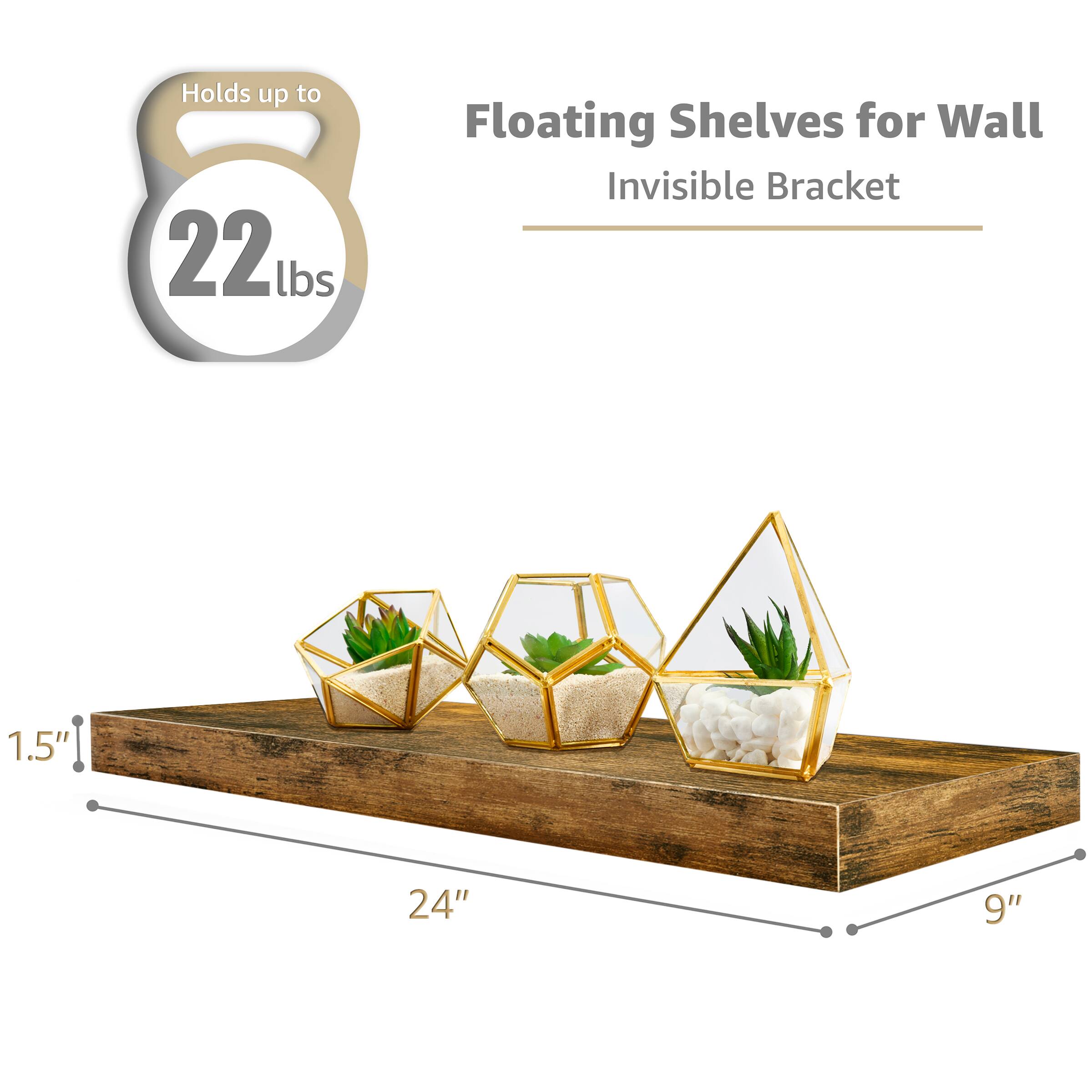 Holds up to 22 lbs, Floating Shelves for Wall, Invisible Bracket, 1.5", 24", 9"