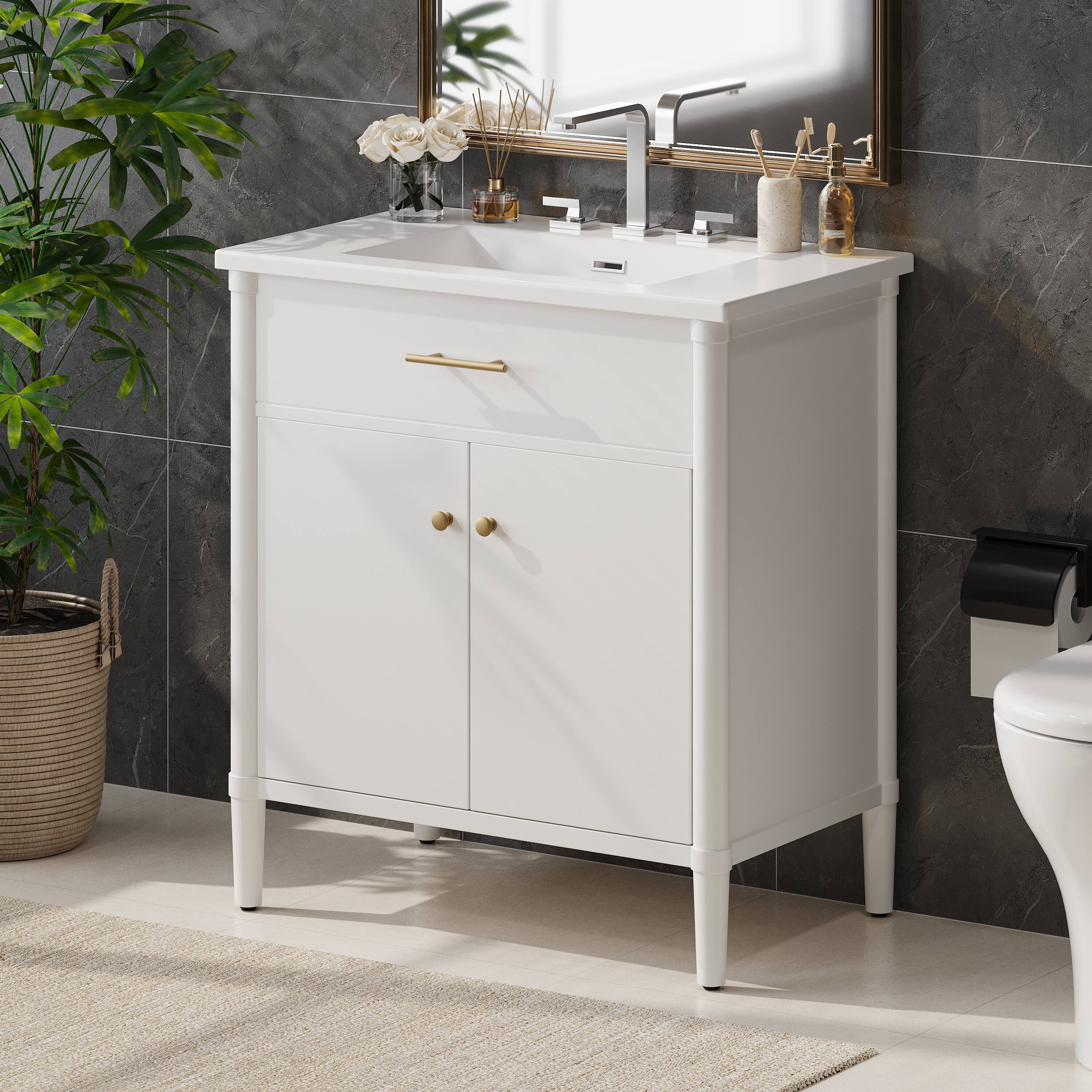 Back. Loheer - 2.58 ft Bathroom Vanity with Sink, Soft-Close Doors, Adjustable Shelf, Curved White Cabinet. - White.