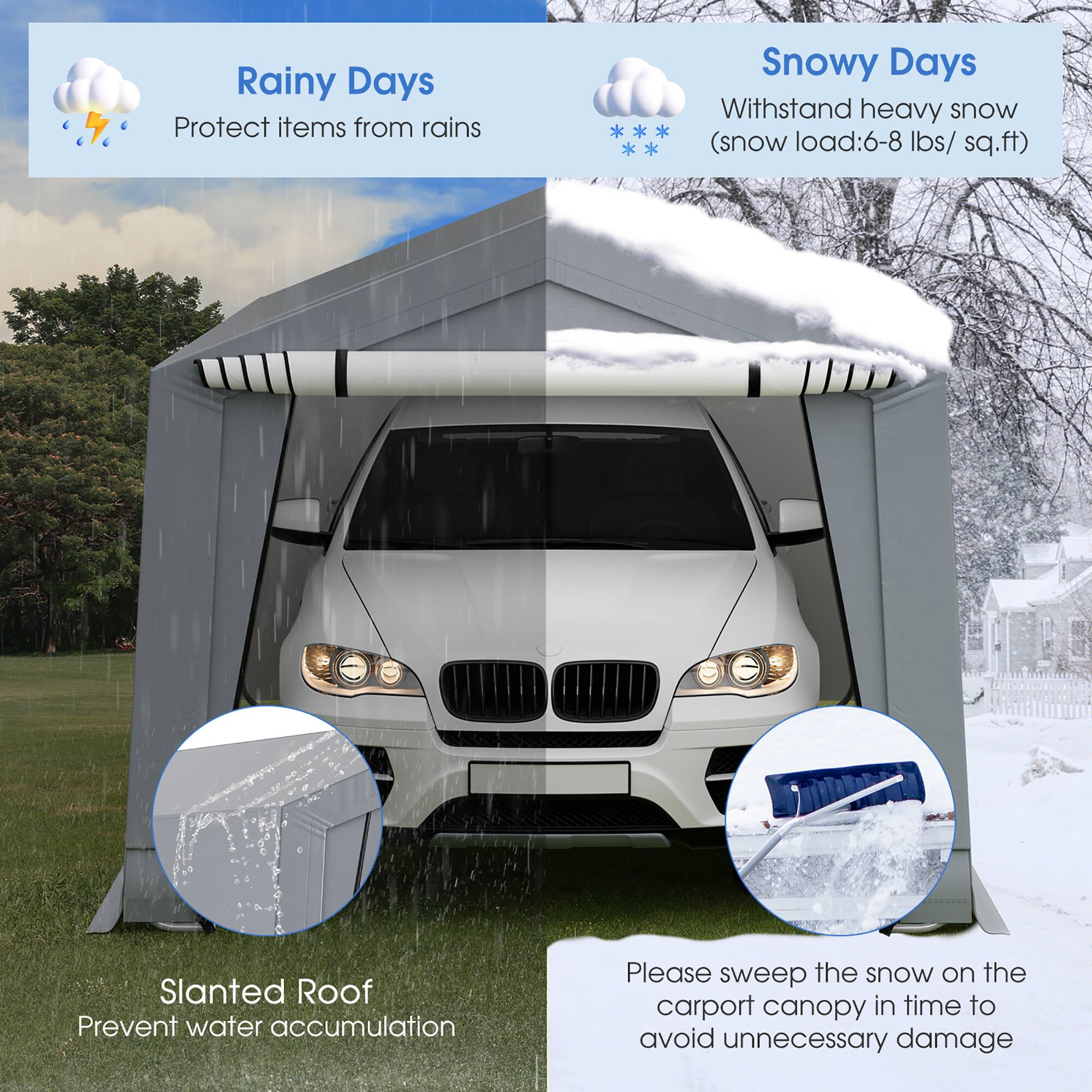 Rainy Days  
Protect items from rains

Snowy Days  
Withstand heavy snow (snow load: 6-8 lbs/sq.ft)

Slanted Roof  
Prevent water accumulation

Please sweep the snow on the carport canopy in time to avoid unnecessary damage