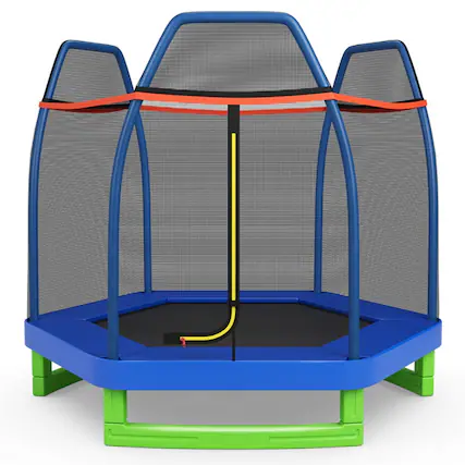 Front. Kadyn - 7 Feet Kids Recreational Bounce Jumper Trampoline-Blue, Trampoline with Enclosure, Great Mini Trampoline.