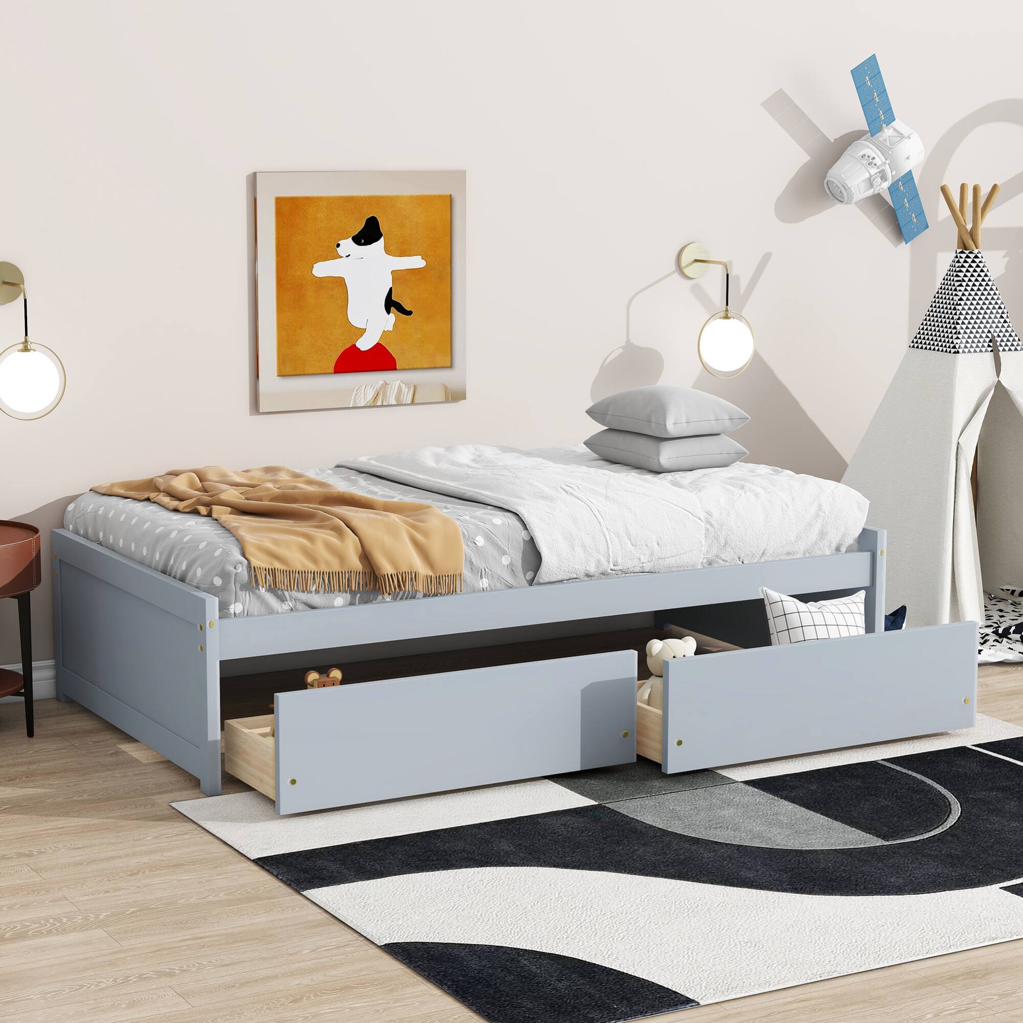 Alt View 5. GOODSILO - Twin Size Platform Bed with Two Underbed Storage Drawers for Space-Saving Bedroom Organization - Grey.