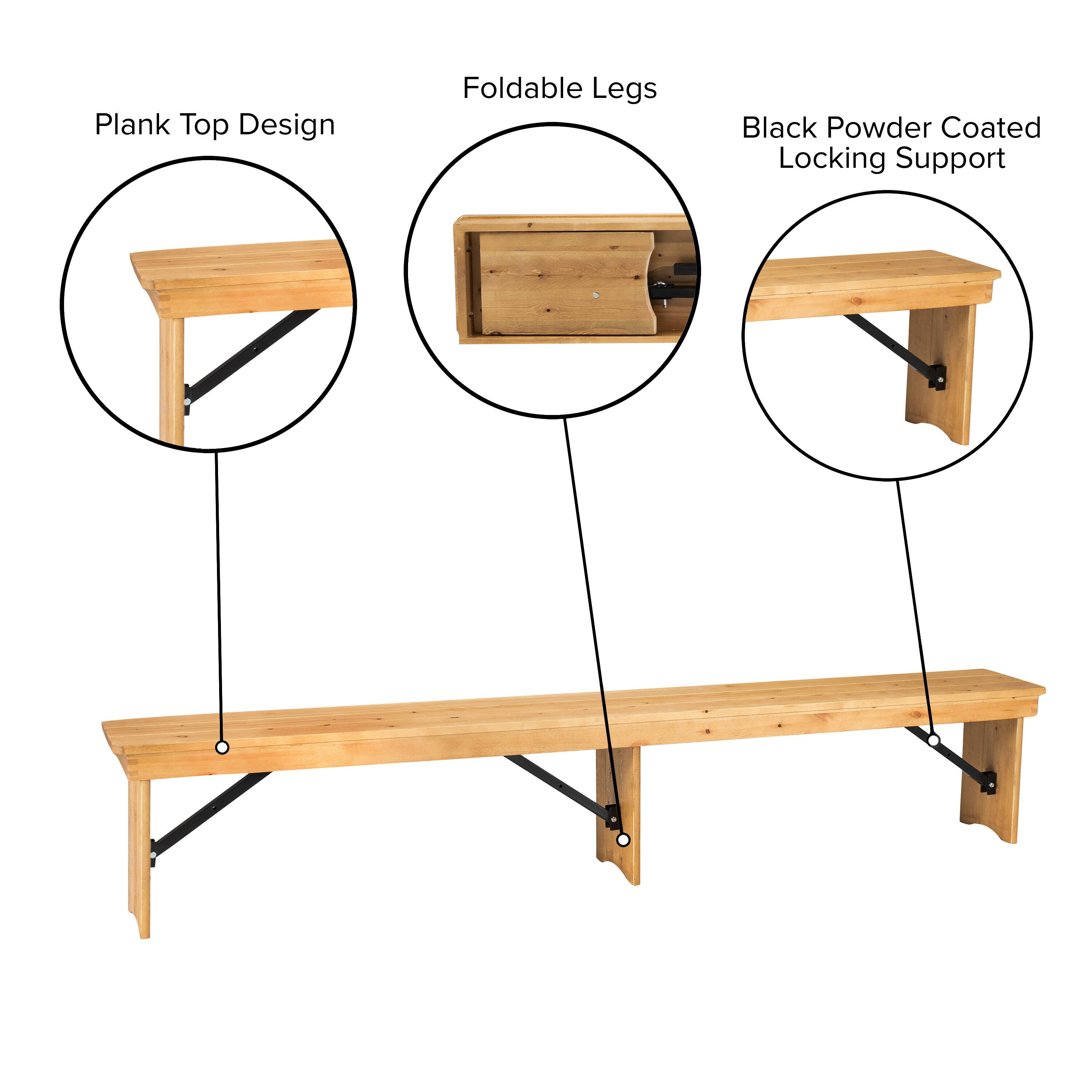 Plank Top Design  
Foldable Legs  
Black Powder Coated Locking Support