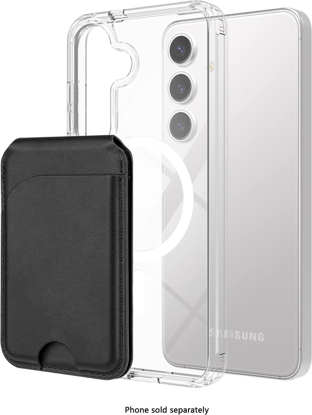 The image shows a Samsung phone that is sold separately. The phone is placed in a clear case, and the case is attached to a black wallet. The phone is positioned in the middle of the image, while the wallet is on the left side. The case and wallet are both made of leather, and the phone is displayed prominently in the center of the image.